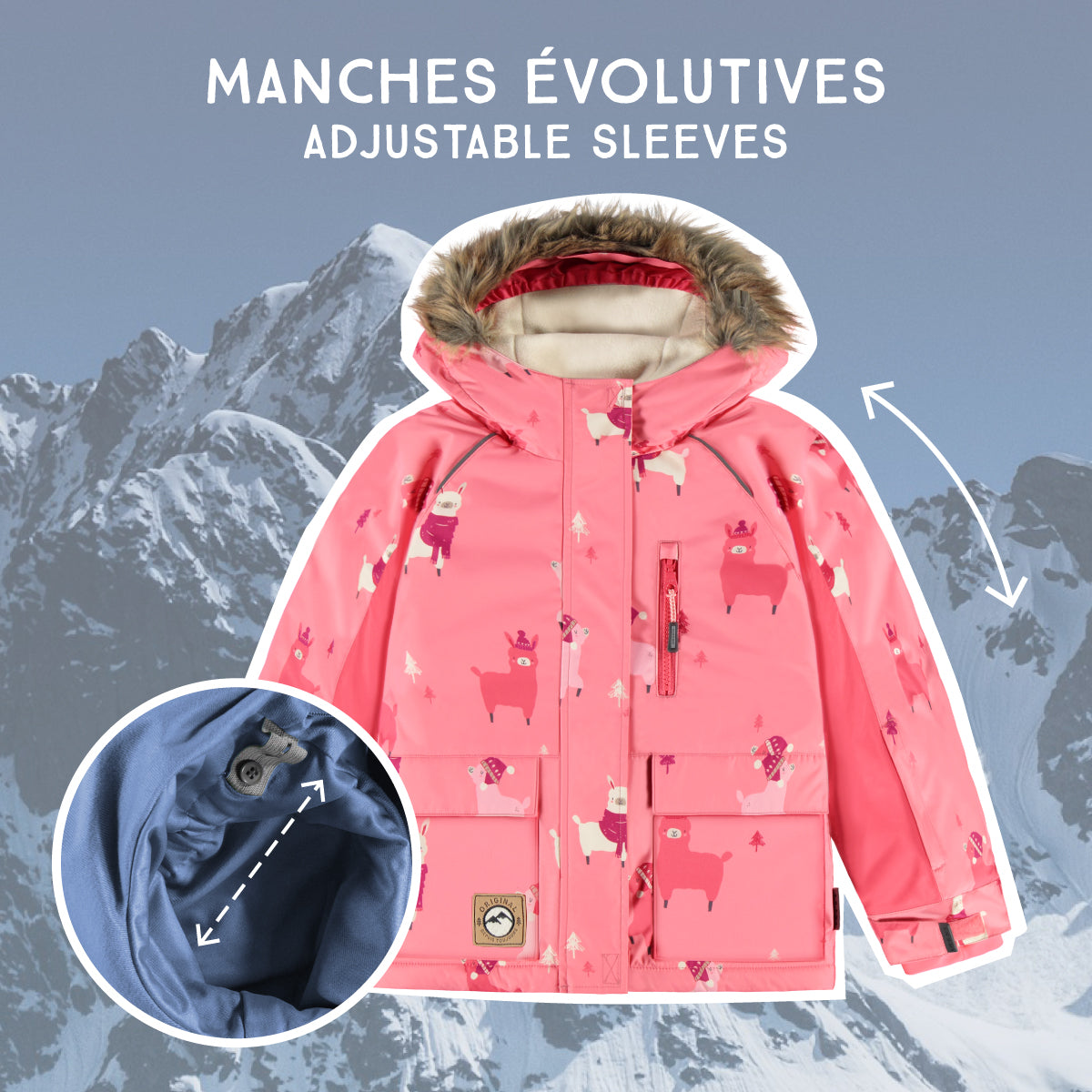 Pink two-piece snowsuit with llama all over print, child