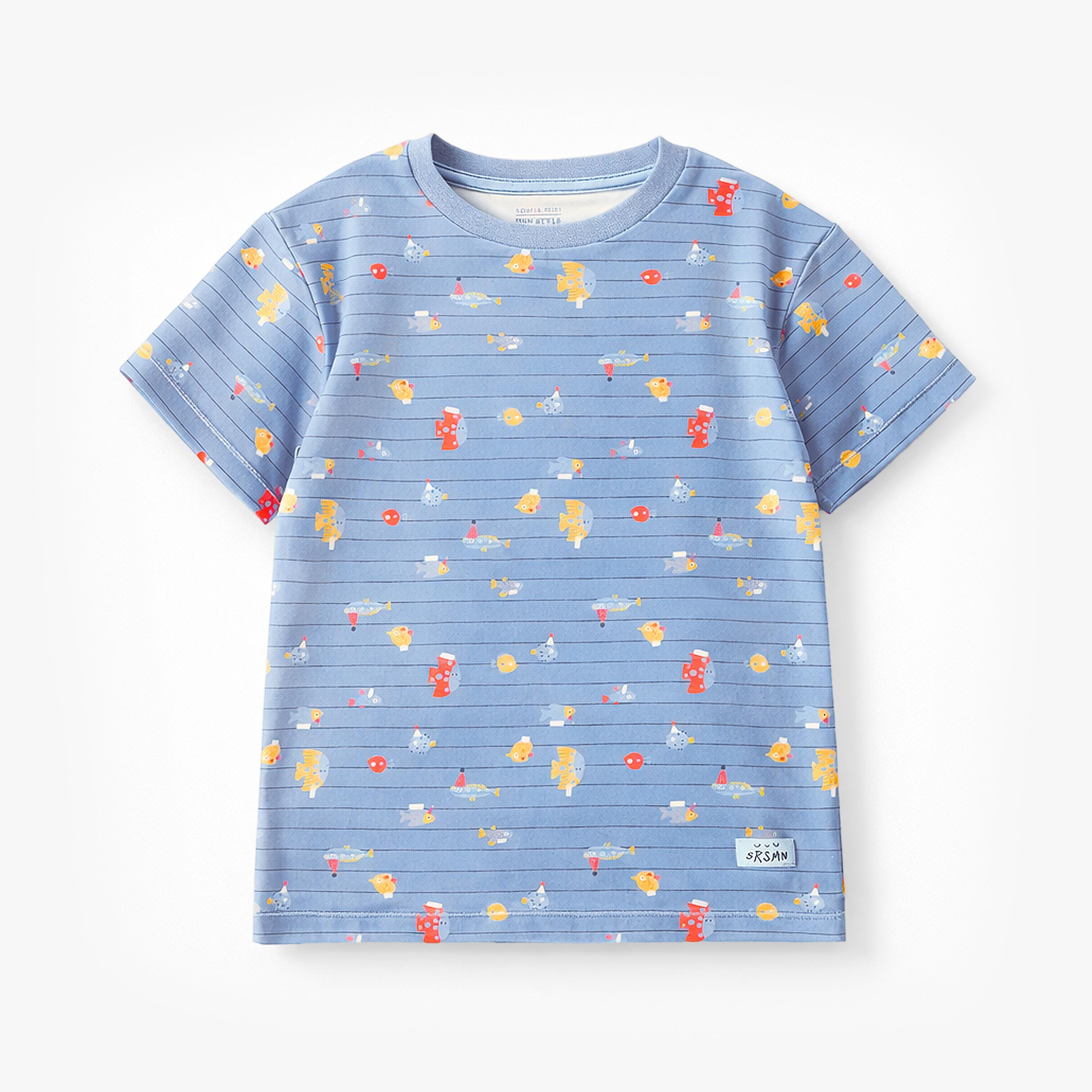 Haut du pyjama deux pièces bleu à rayures et motifs de poisson, enfant