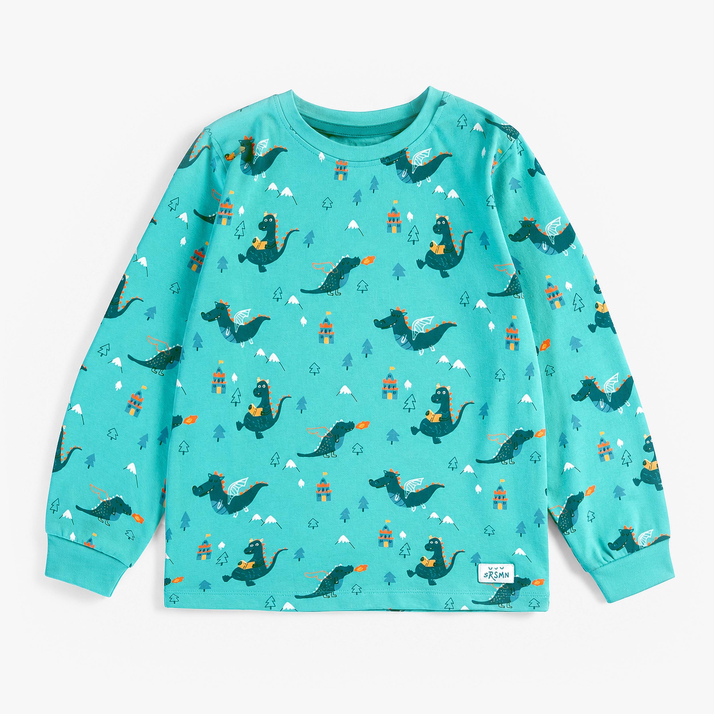 Haut du pyjama deux pièces turquoise à imprimé de dragons, enfant
