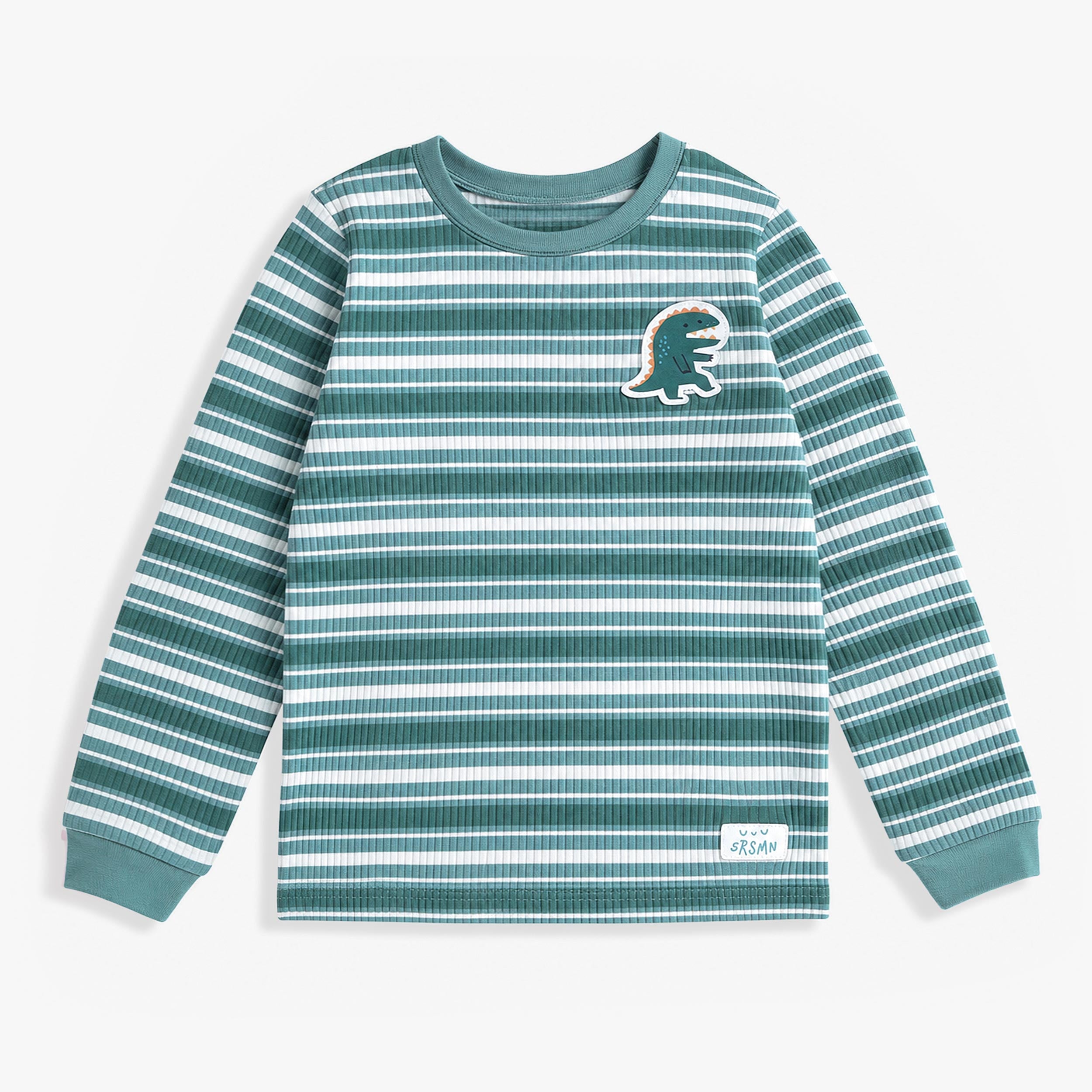 Haut du pyjama deux pièces vert à rayures pour bébé en tricot côtelé avec haut à manches longues, pantalon à taille élastique.
