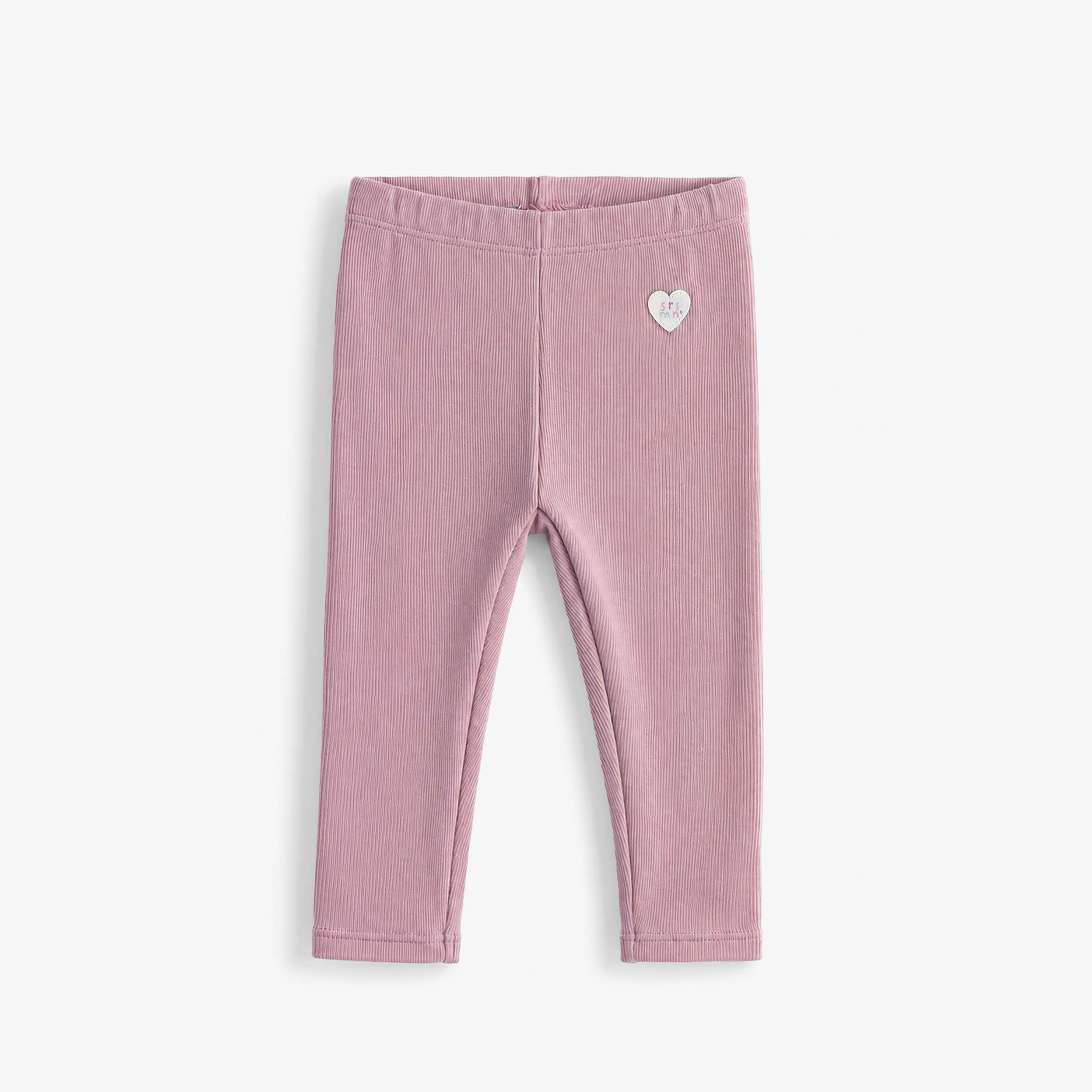 Legging côtelé rose mauve pour bébé fille avec taille élastique confortable et écusson cœur décoratif à la hanche. - Souris Mini