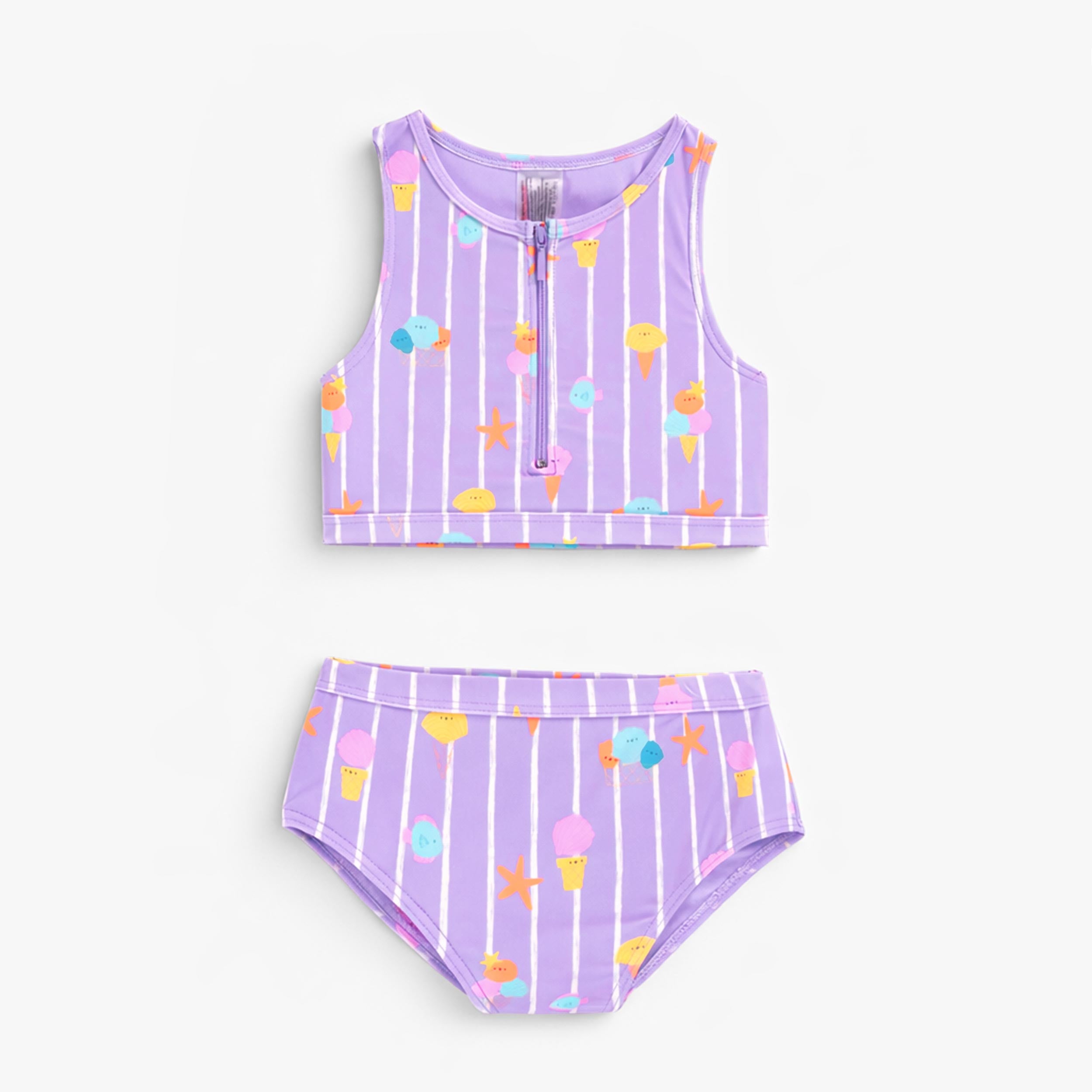Maillot de bain deux pièces mauve avec rayures et motifs, enfant - Souris Mini