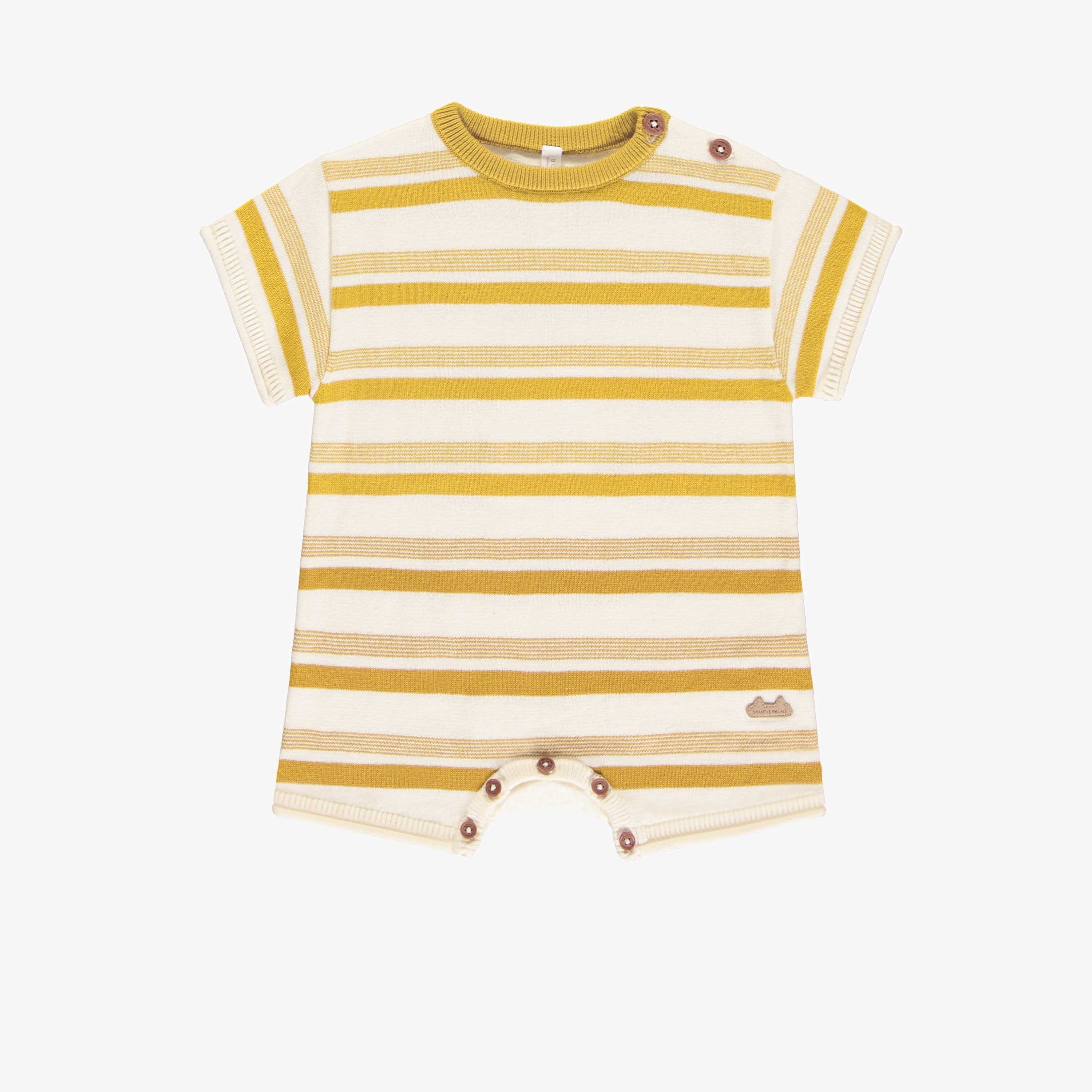 Une pièce de maille côtelée manches courtes à rayures jaune et crème, naissance