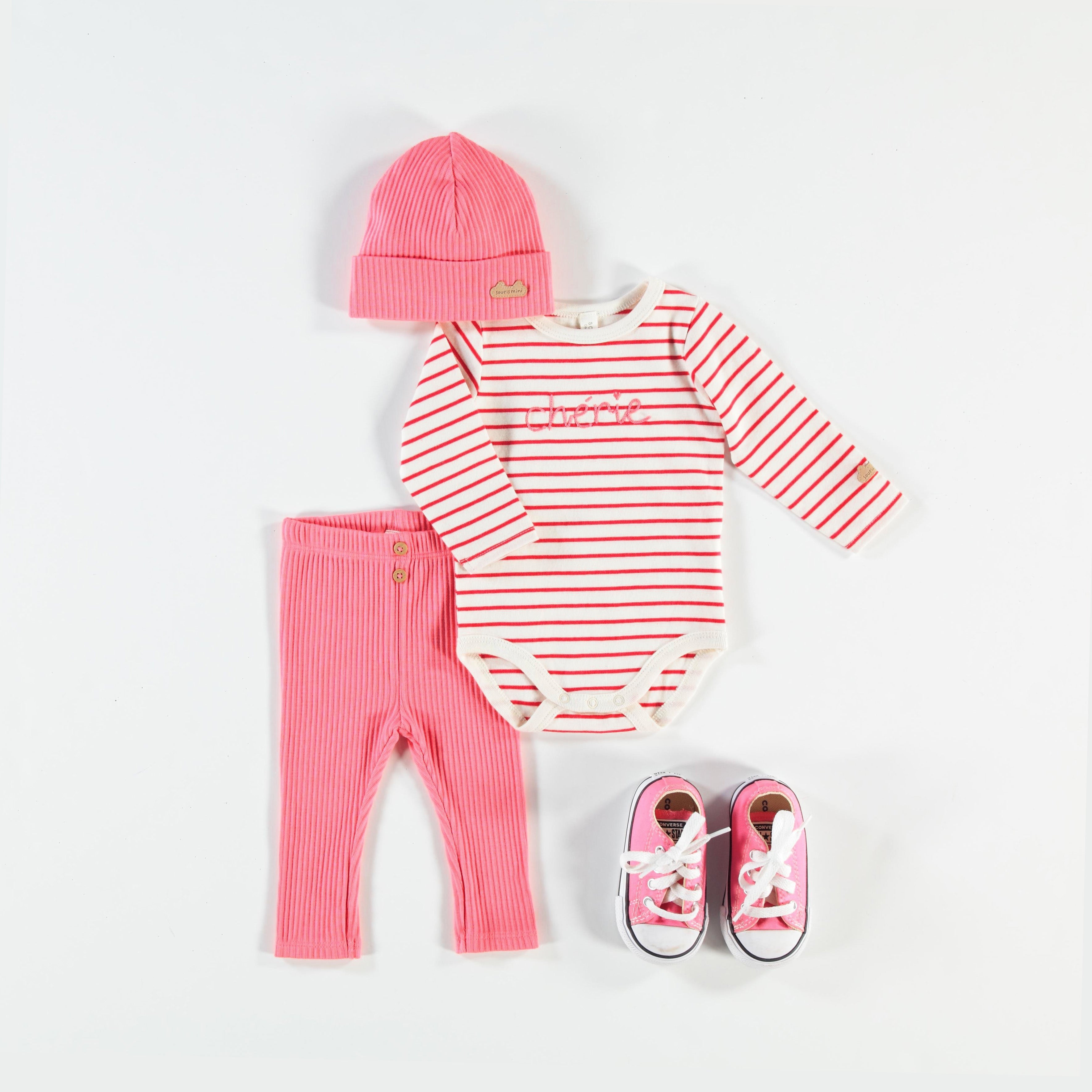 Pink rib-knit beanie, newborn