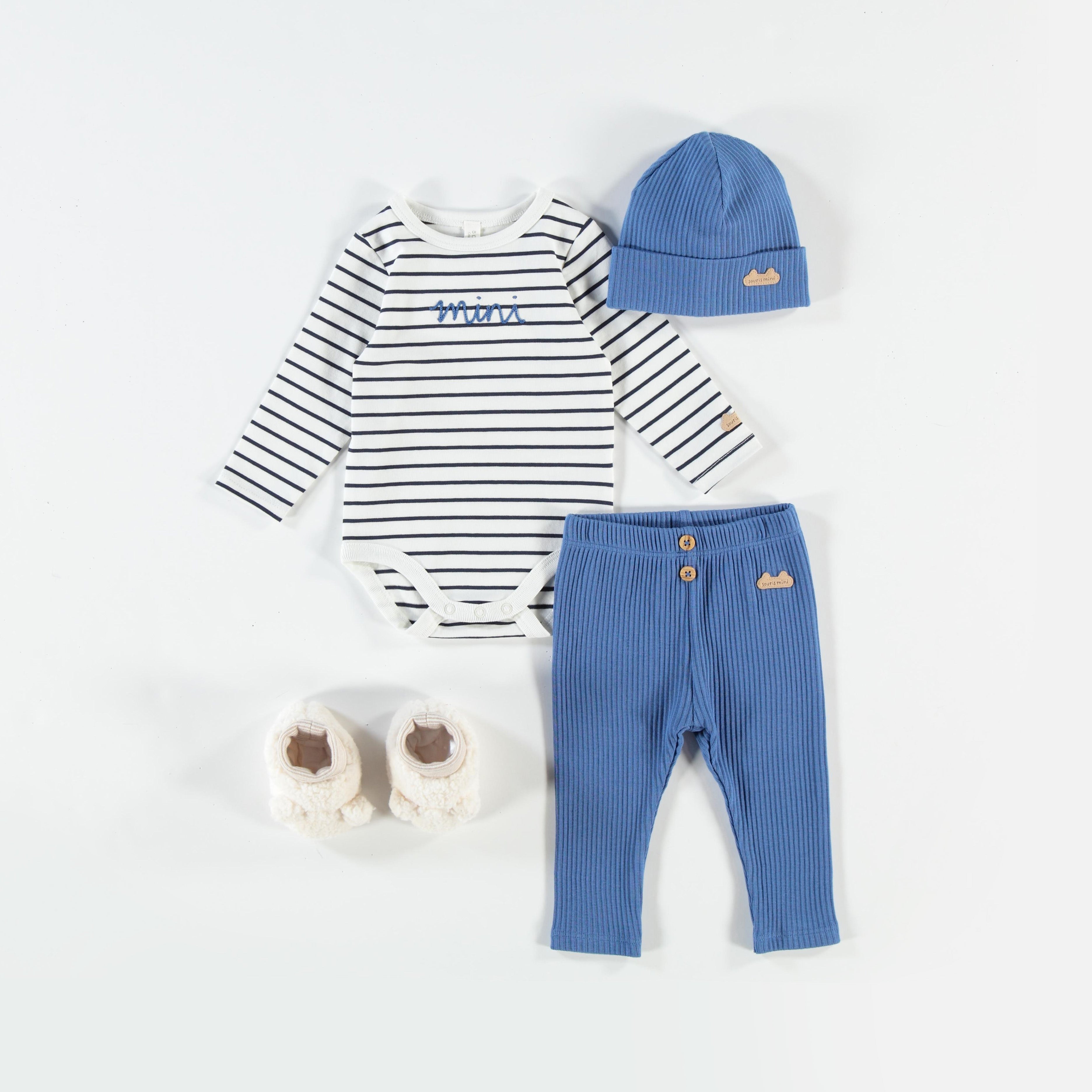 Cream diaper cover with blue stripes, birth