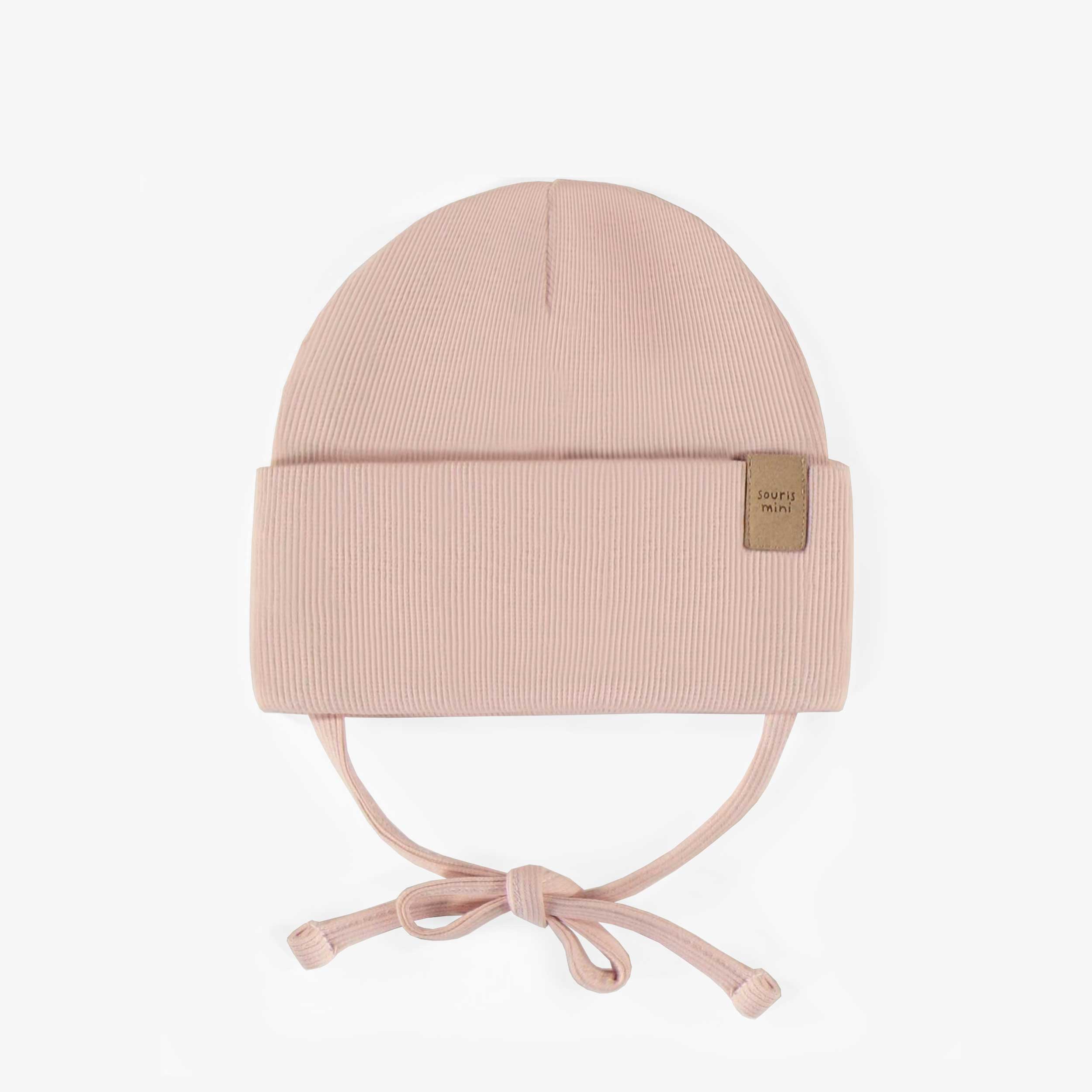 Chapeau rose d’extérieur avec cordons en tricot côtelé, bébé