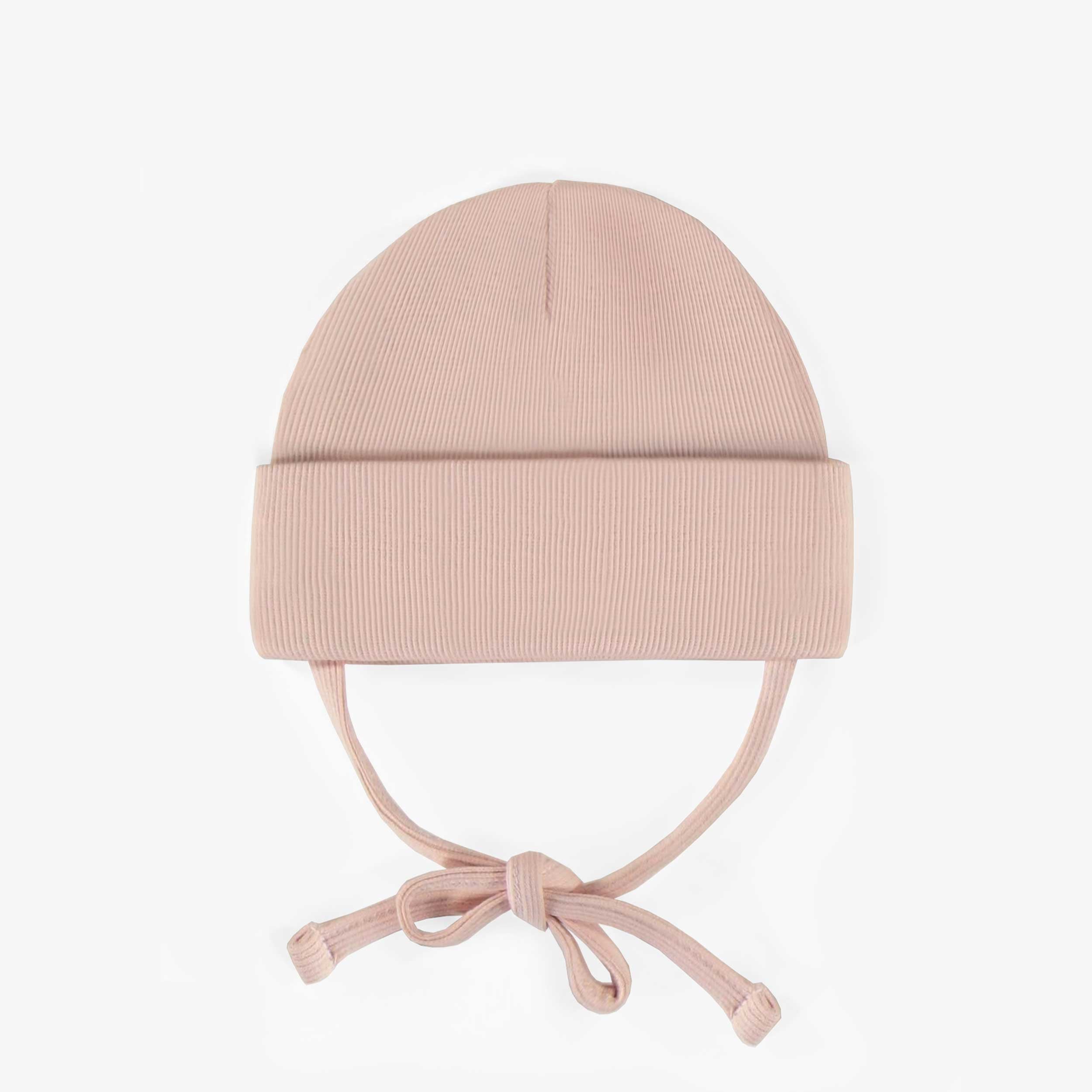 Chapeau rose d’extérieur avec cordons en tricot côtelé, bébé