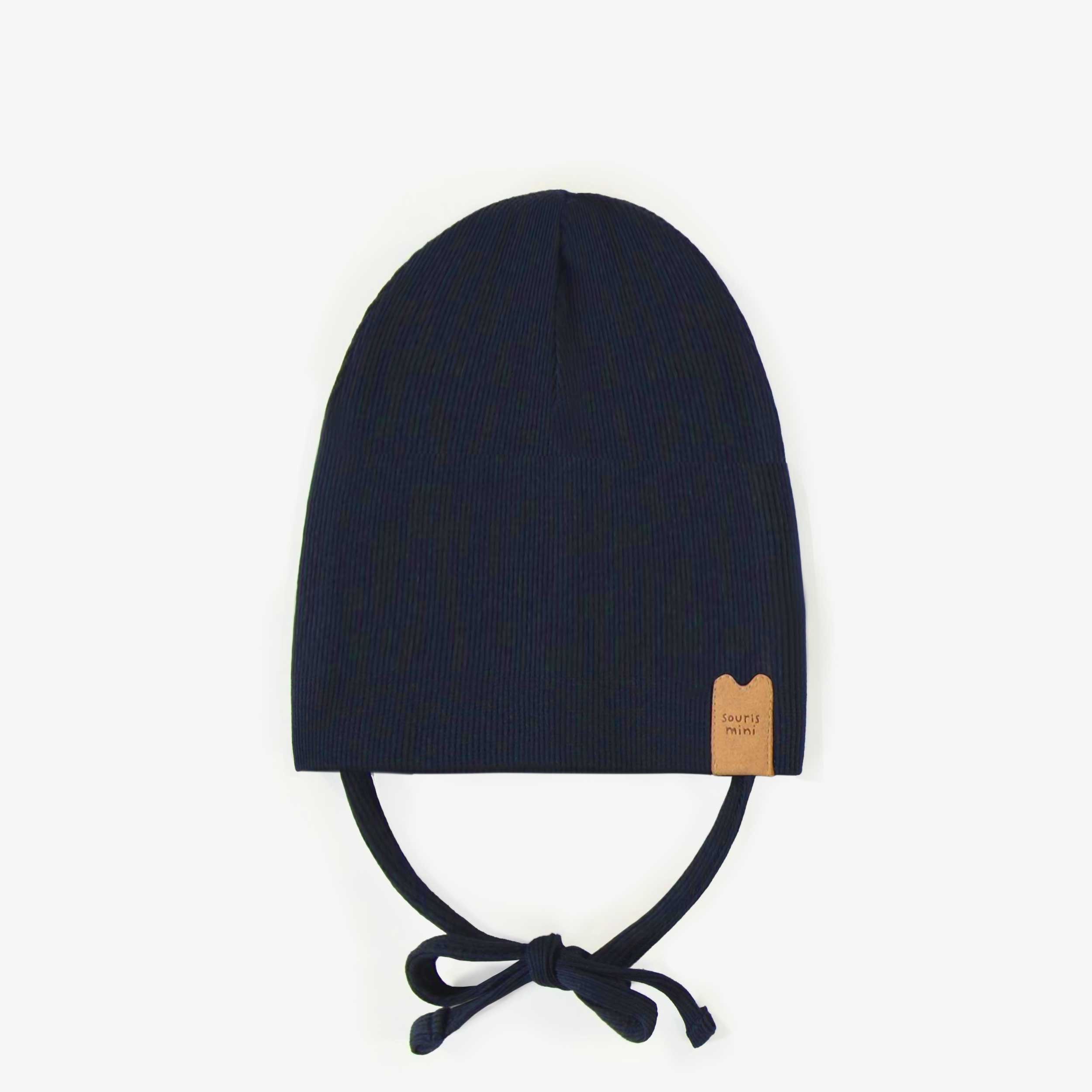 Navy outdoor hat with cords in ribbed knit, newborn