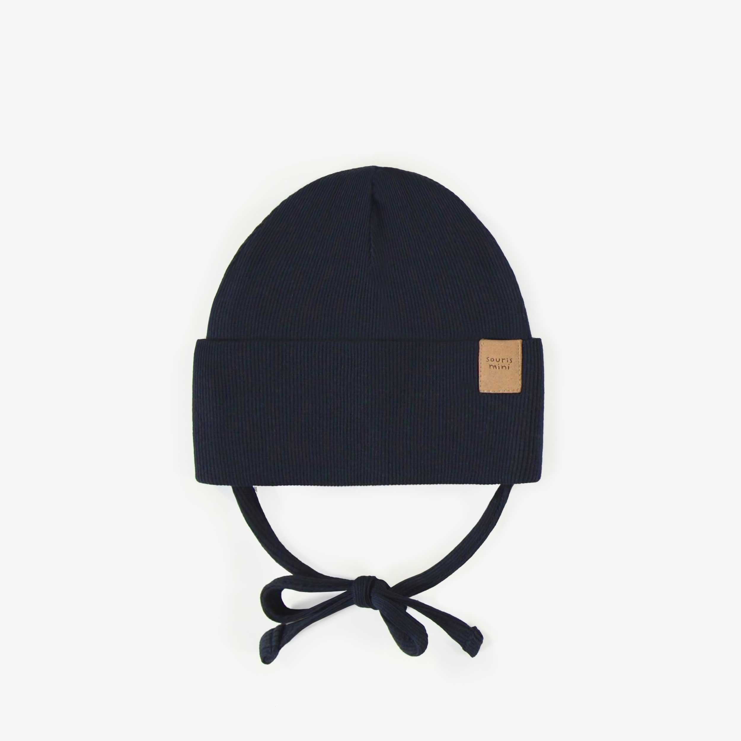 Navy outdoor hat with cords in ribbed knit, newborn