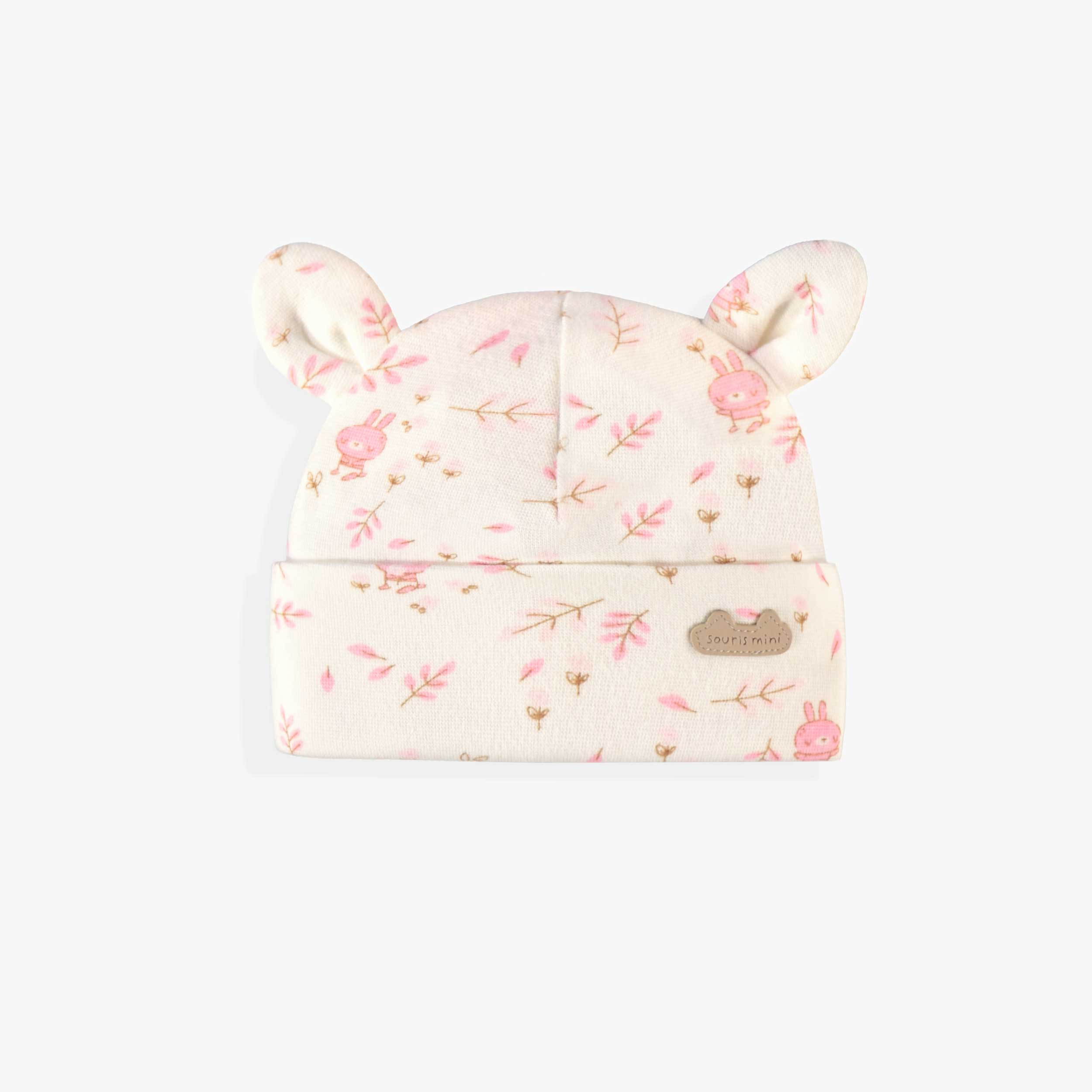 Bonnet de l’ensemble pyjama, bavoir et chapeau crème et rose, naissance