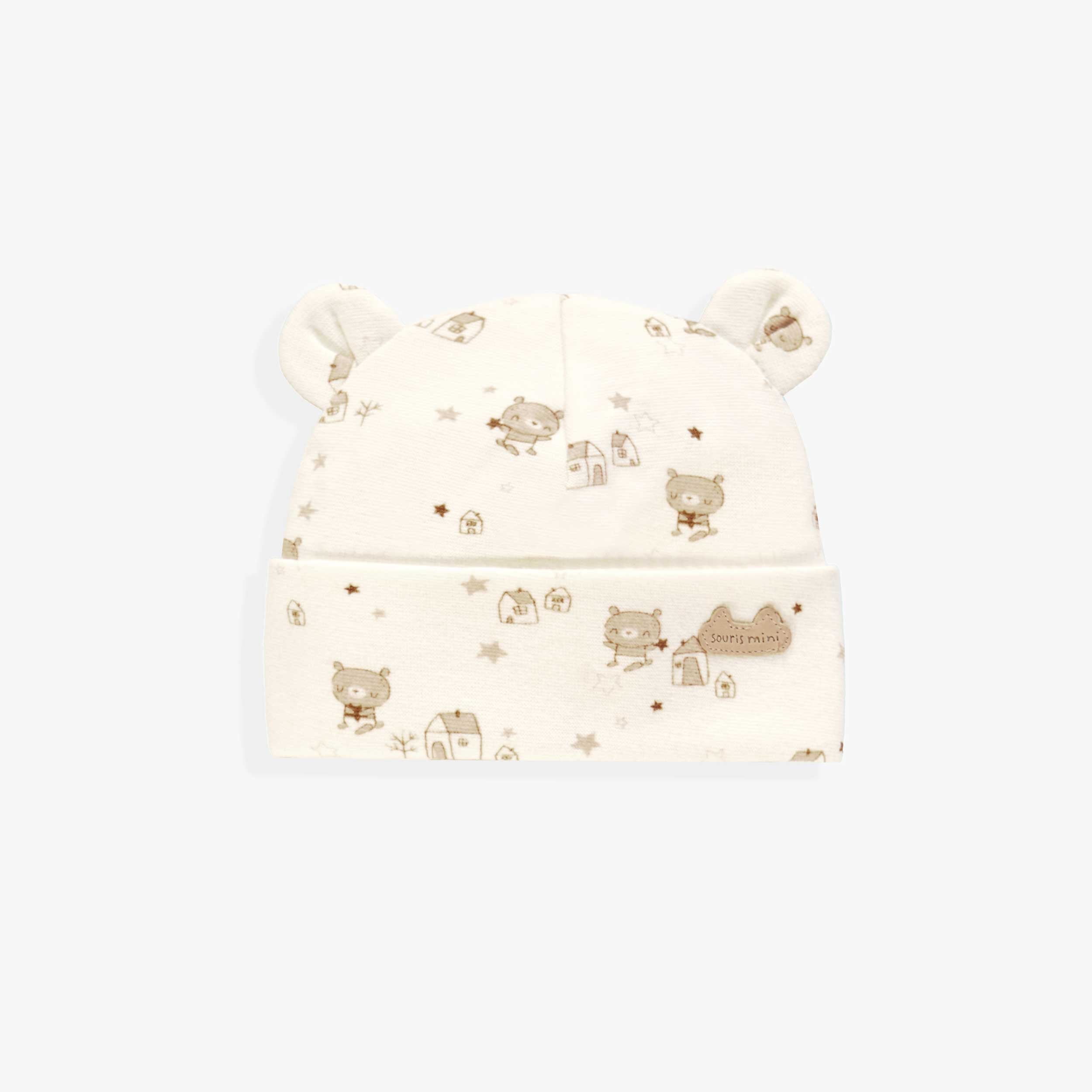 Bonnet de l’ensemble pyjama, bavoir et chapeau crème et beige, naissance