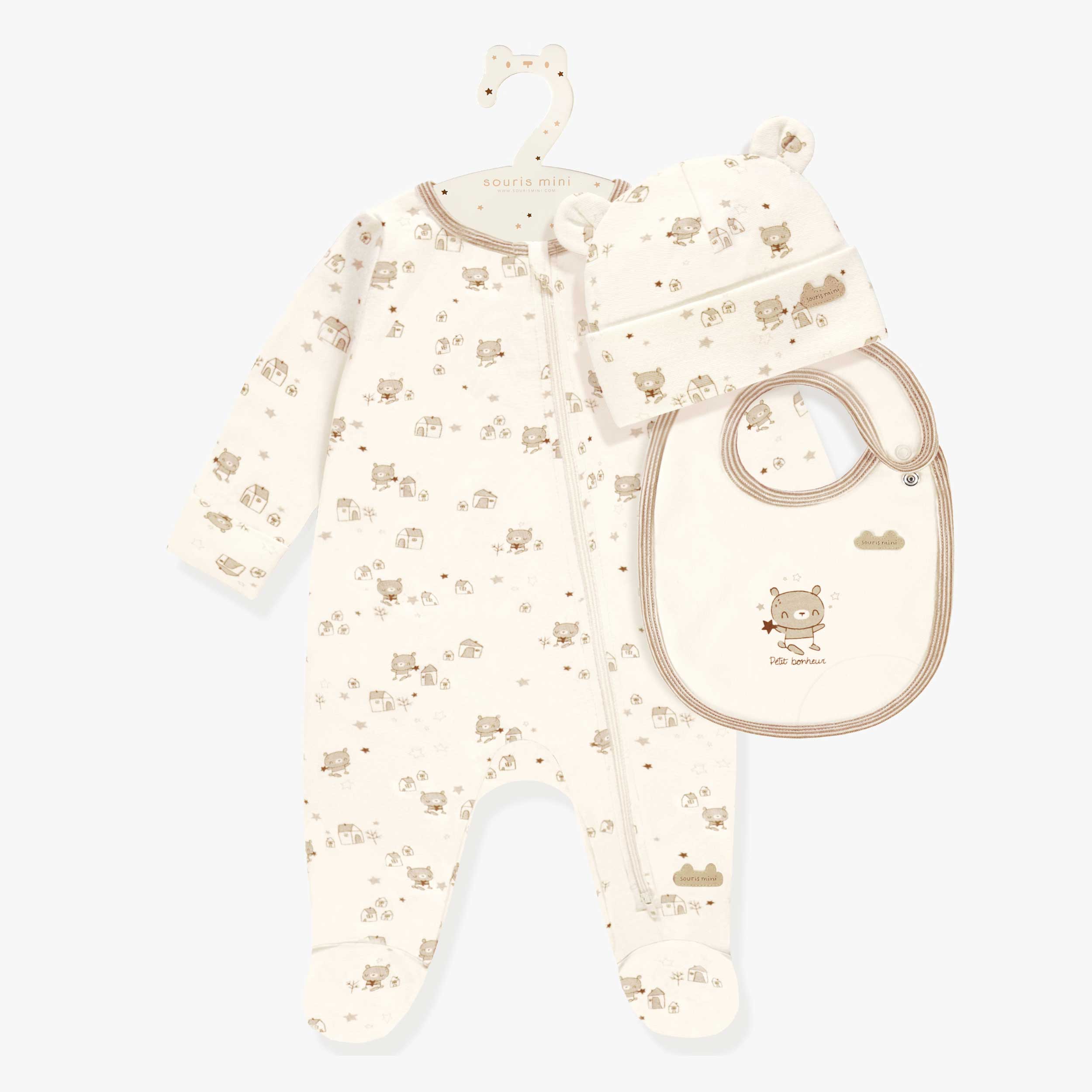 L’ensemble pyjama, bavoir et chapeau crème et beige, naissance