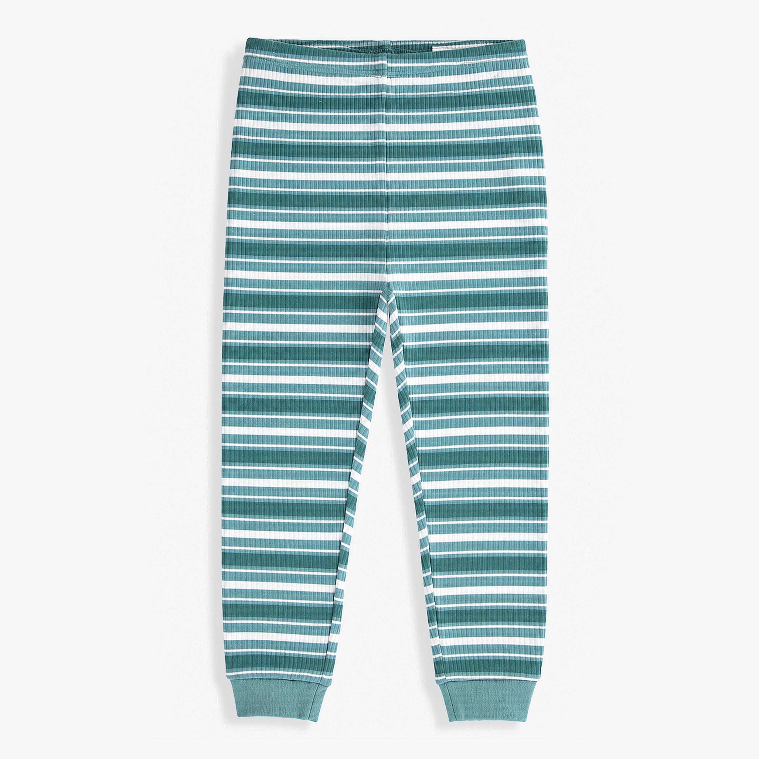 Pantalon du pyjama deux pièces vert à rayures pour bébé en tricot côtelé avec haut à manches longues, pantalon à taille élastique.