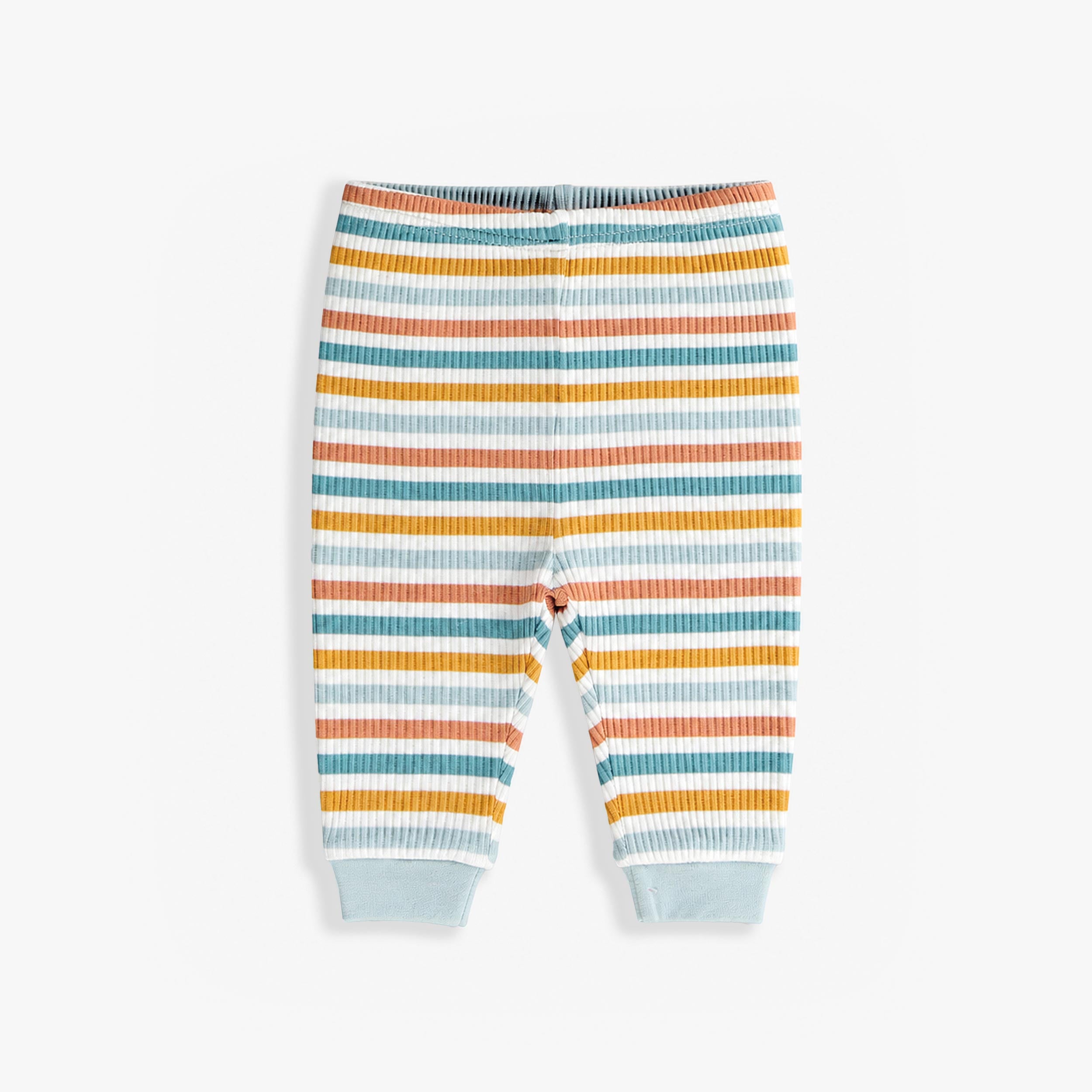 Pantalon de pyjama pour enfant a rayures bleu, orange et blanc avec taille elastique et chevilles bleu pale.