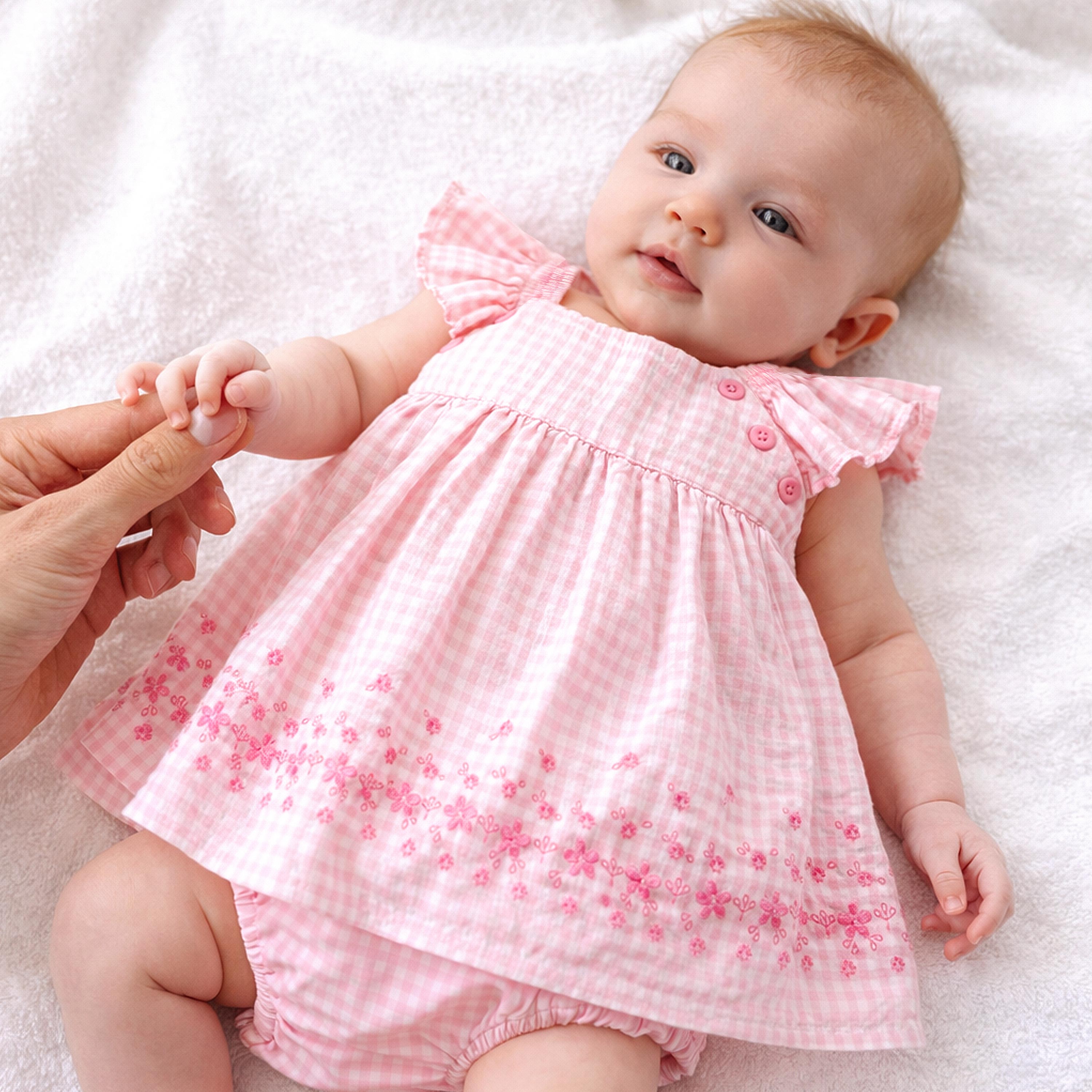 Photo d'un bébé portant la robe et bloomer rose à carreaux et broderie anglaise, naissance - Souris Mini