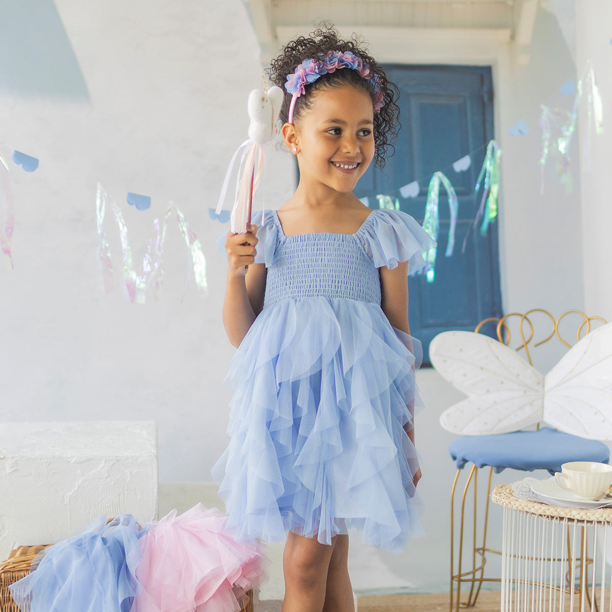 Robe bleue en tulle souple, enfant