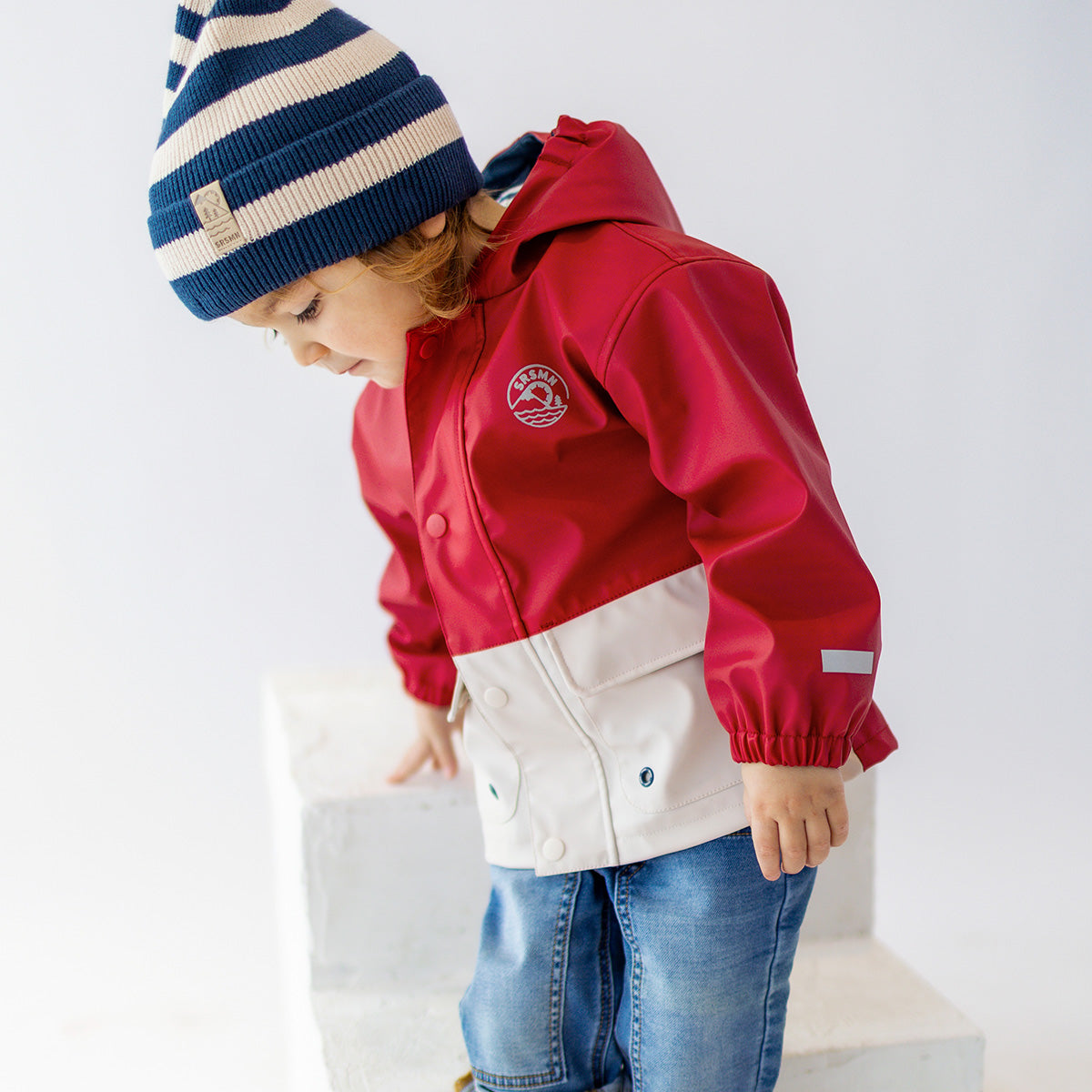 Cream and navy knit striped beanie, baby