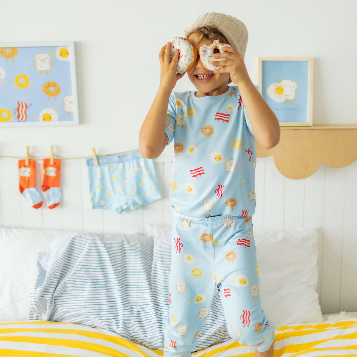 Blue two-piece pajamas with breakfast all over print, child