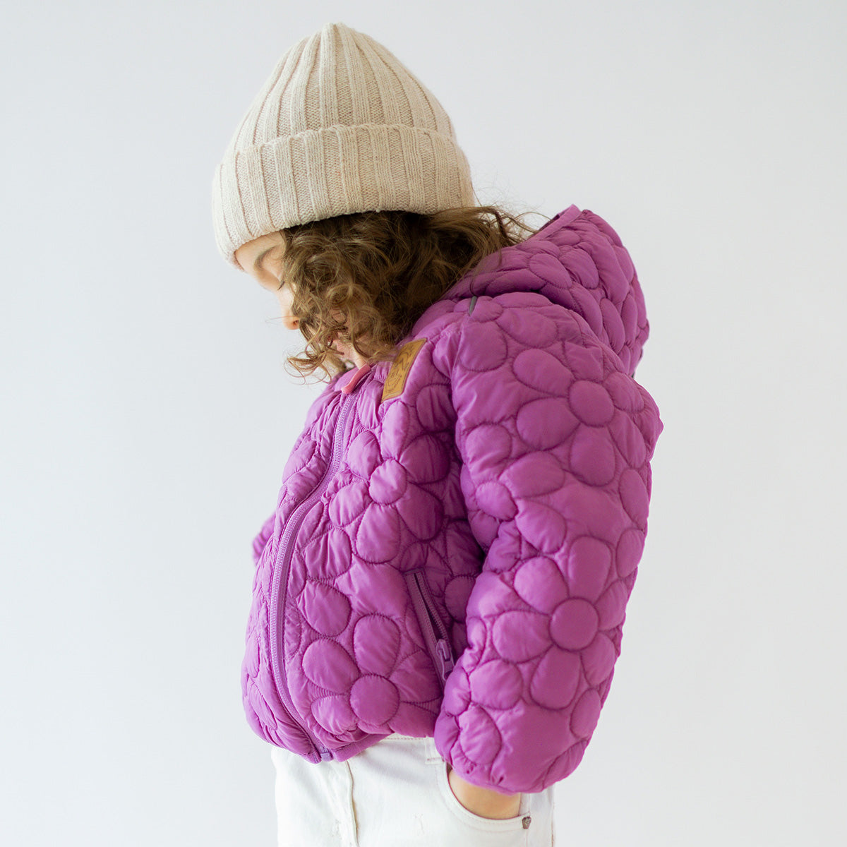 Purple puffer jacket with floral quilting, baby