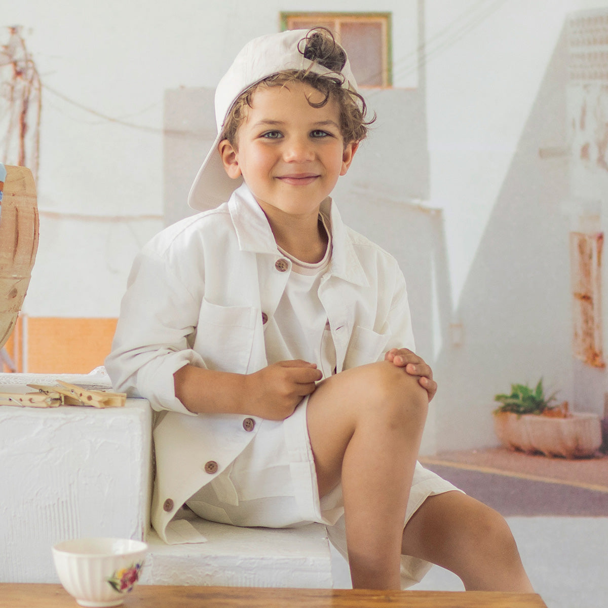 Surchemise blanche en coton et lin, enfant