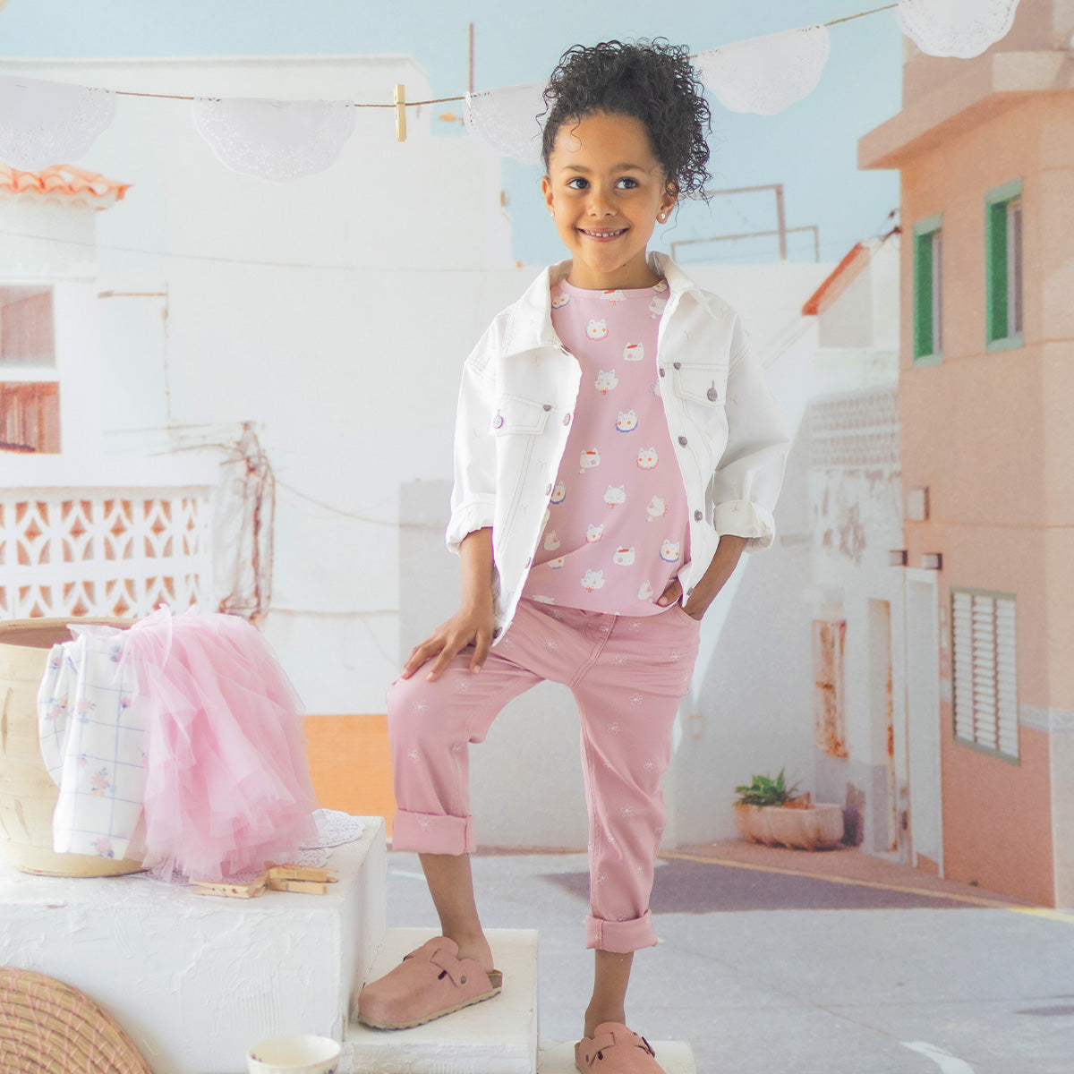 T-shirt rose à motifs de chats, enfant
