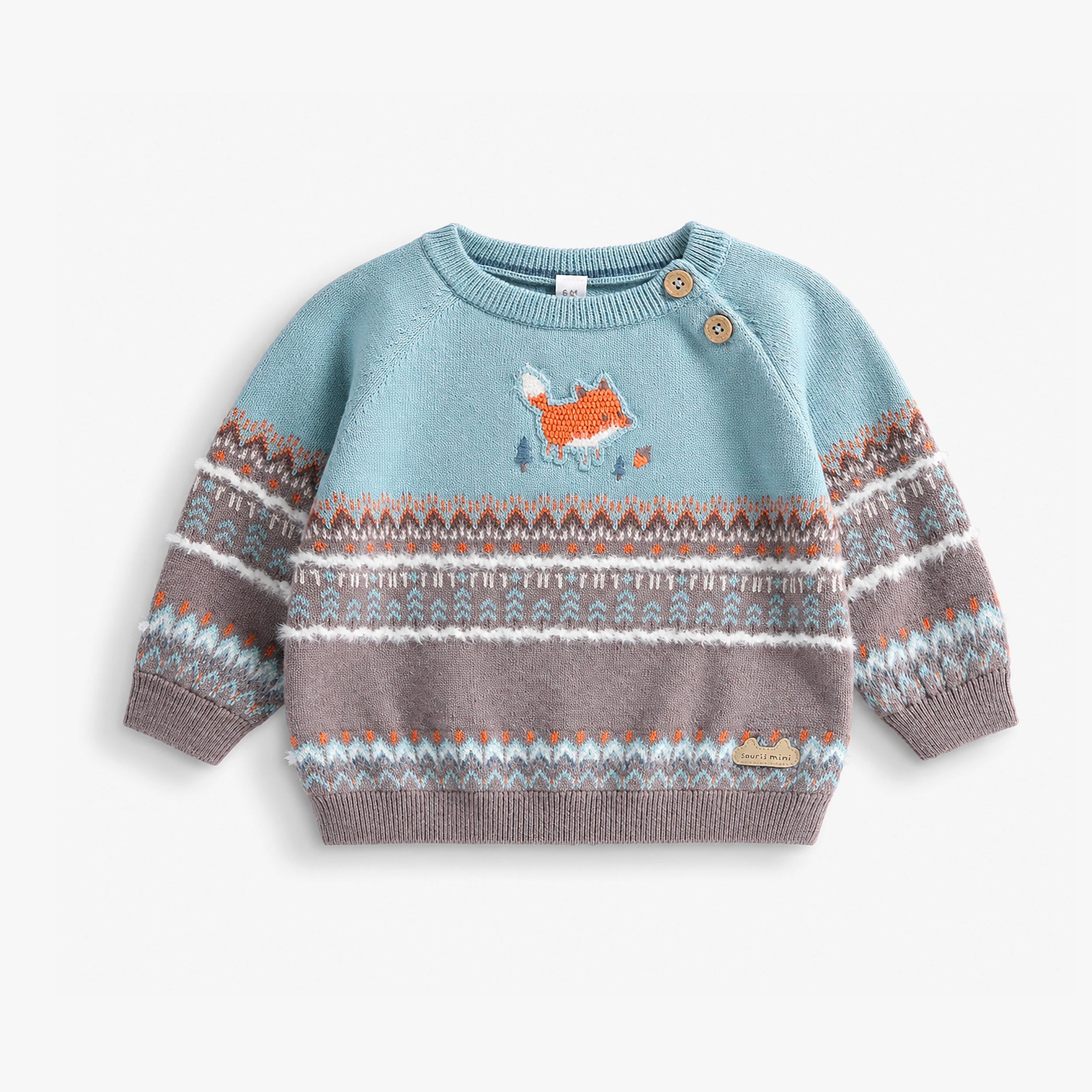 Pull en tricot bleu et gris pour bébé garçon avec motif de renard, manches longues, col rond et boutons à l'épaule. - Souris Mini