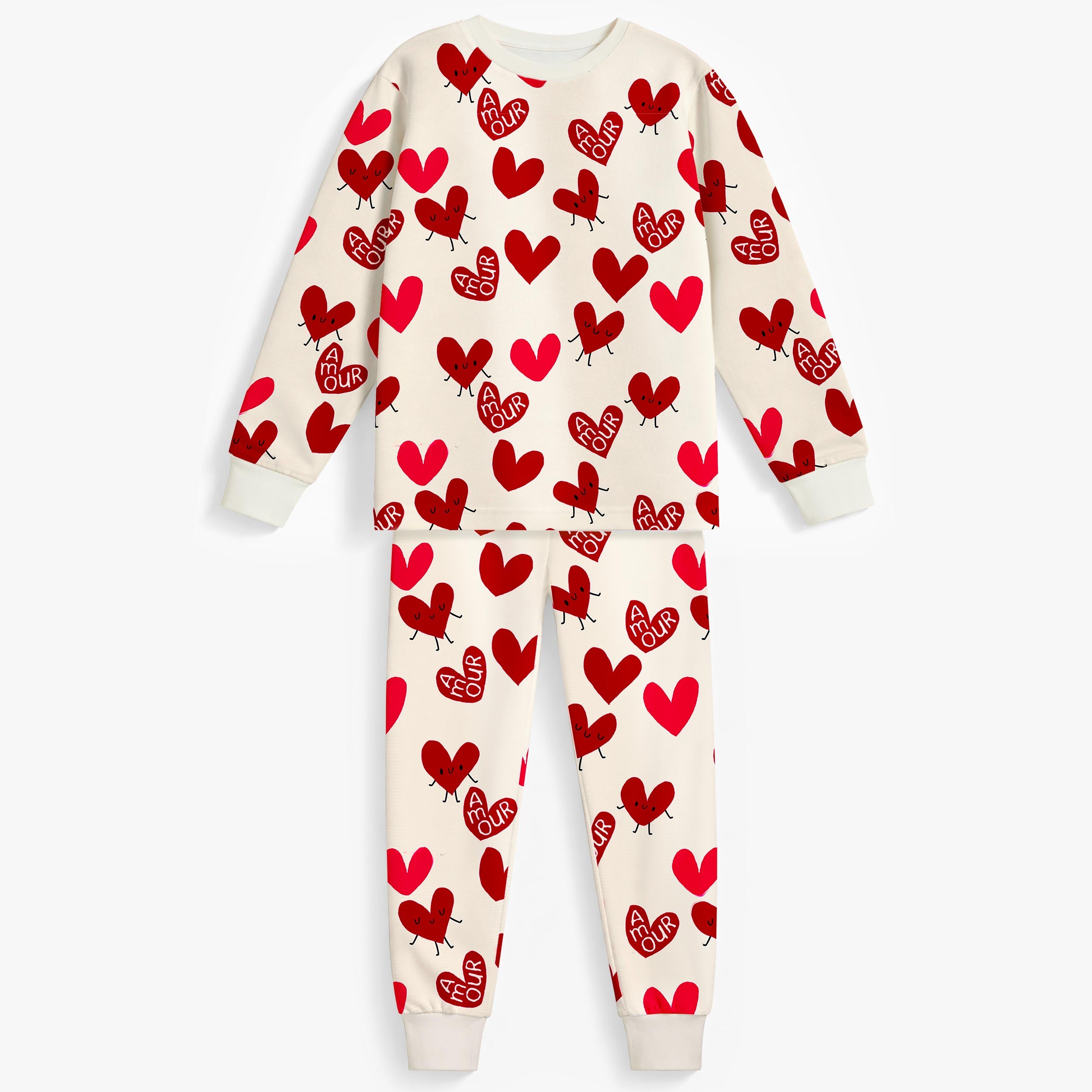 Pyjama deux pièces crème à motifs de cœurs, enfant- Souris Mini