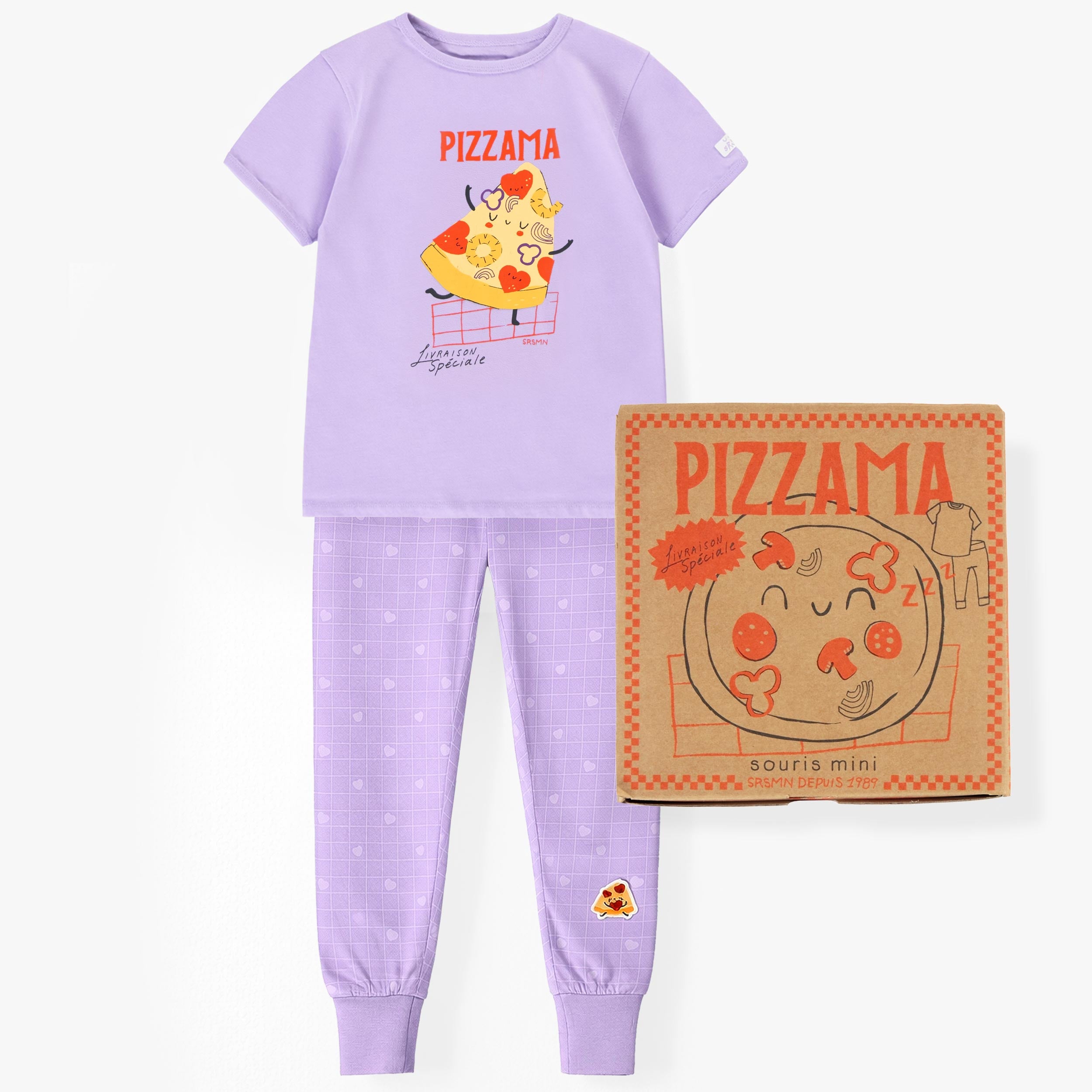 Pyjama deux pièces mauve à motifs de pizzas, enfant - Souris Mini