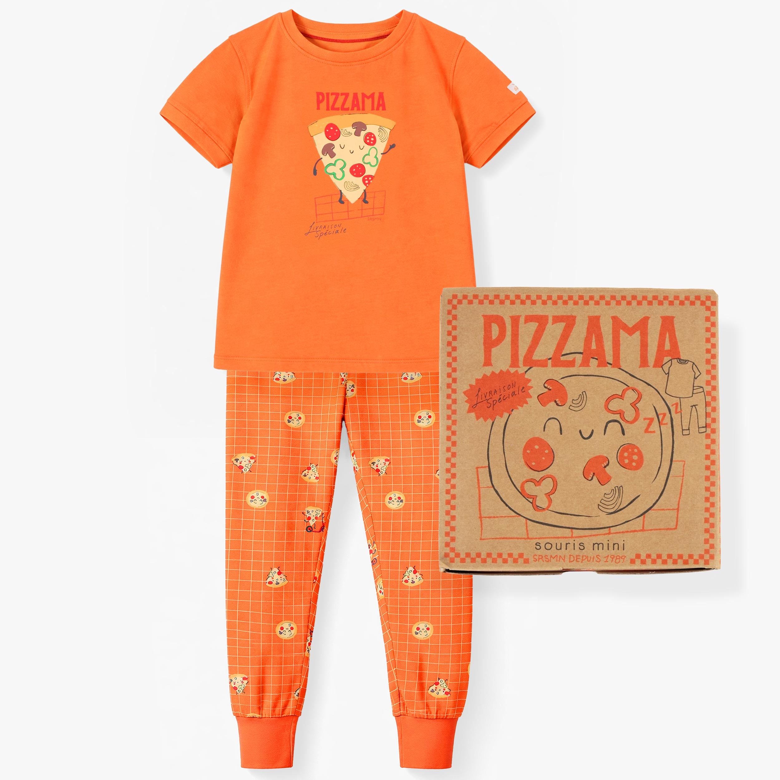Pyjama deux pièces orange à motifs de pizzas, enfant - Souris Mini