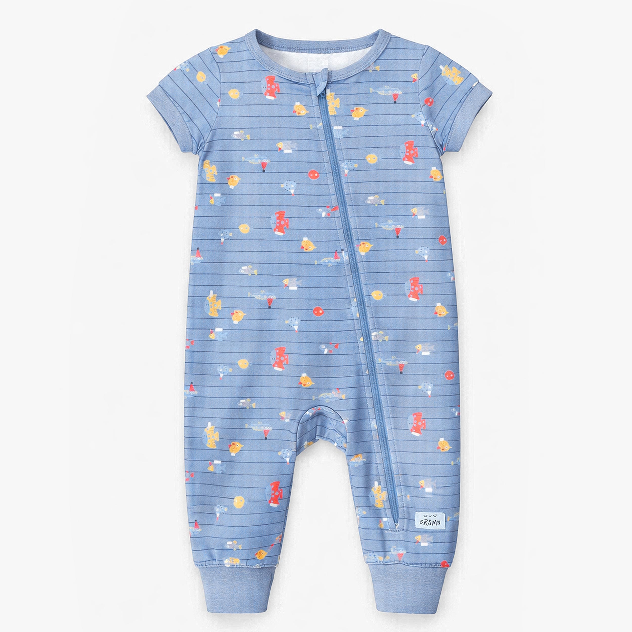 Pyjama une pièce bleu à rayures et motifs de poissons, bébé - Souris Mini