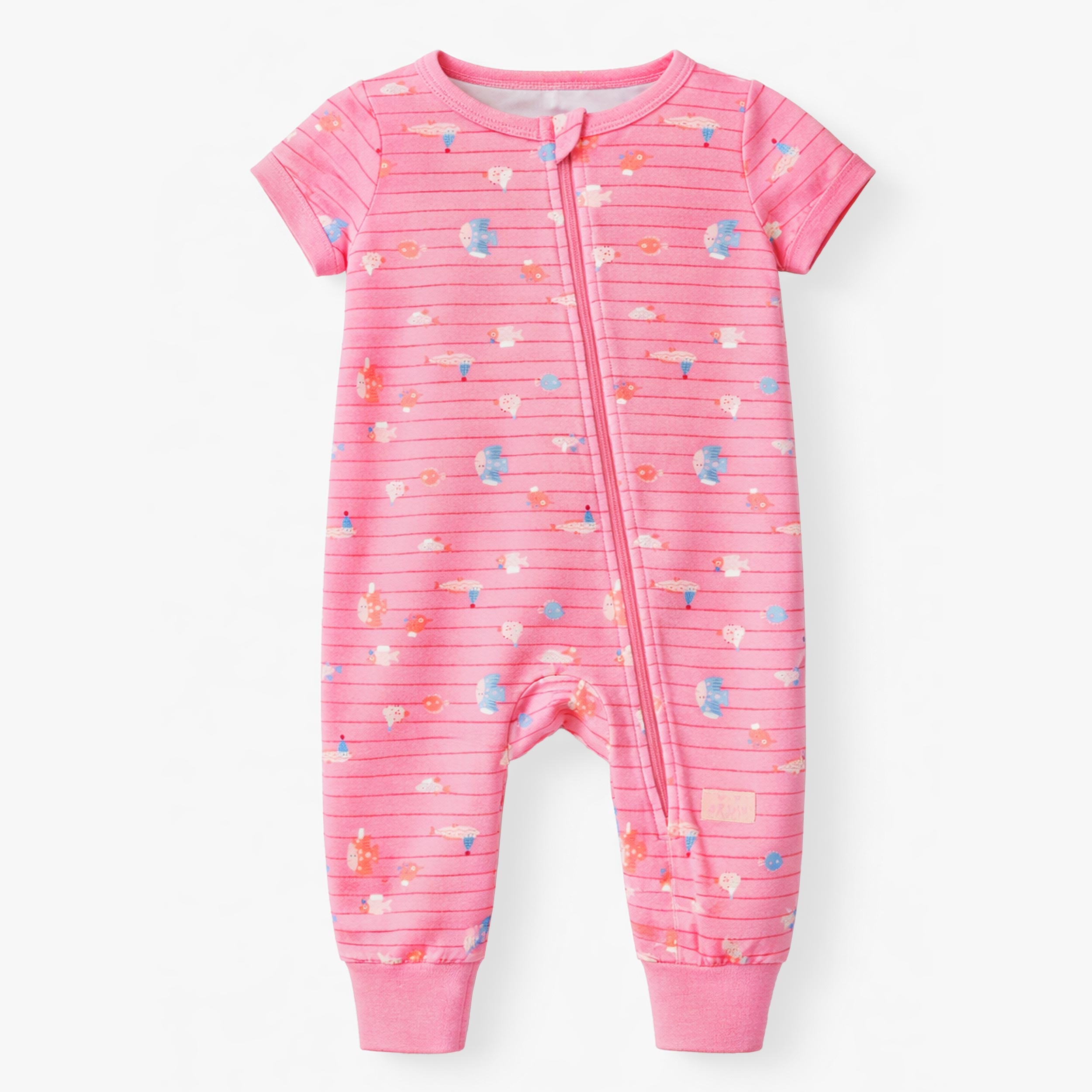 Pyjama une pièce rose à rayures et motifs de-poissons-bebe-souris-mini-jpeg