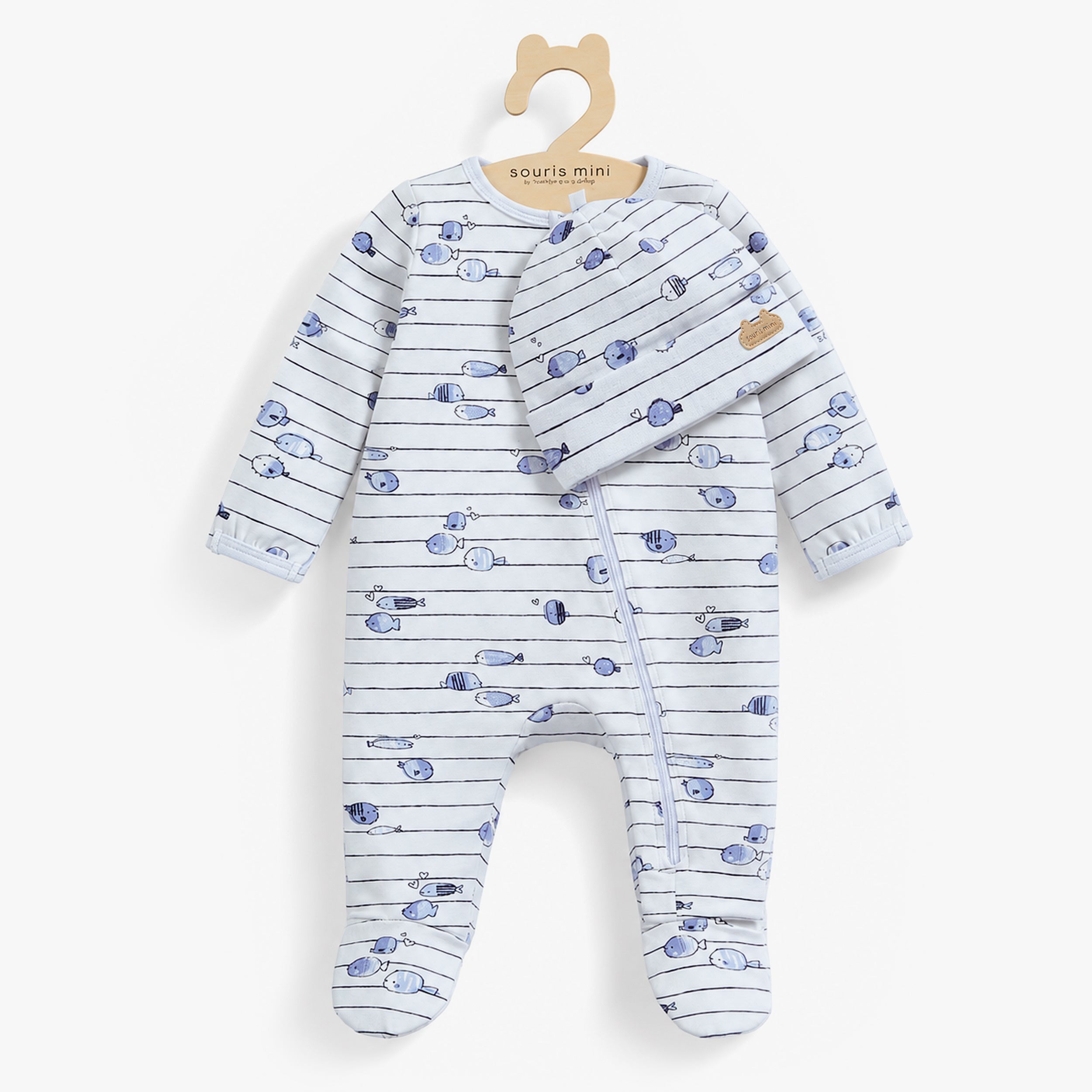 Pyjama bleu pâle rayé à motifs de poissons , naissance
