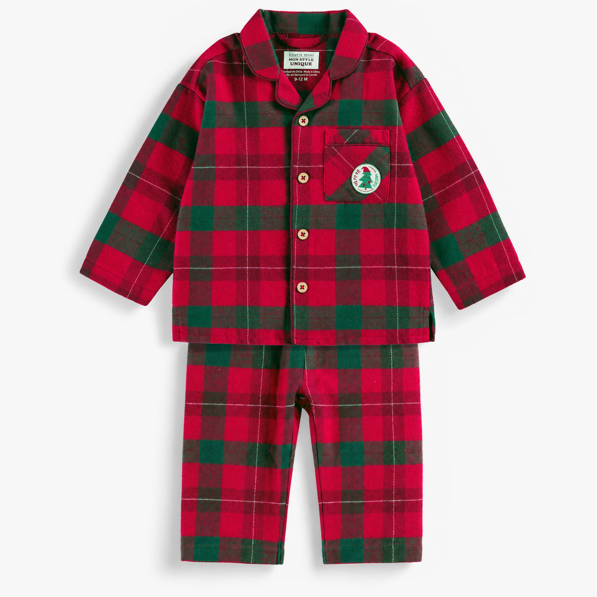 Pyjama de Noël deux pièces en flanelle à carreaux rouge et vert, bébé - Souris Mini