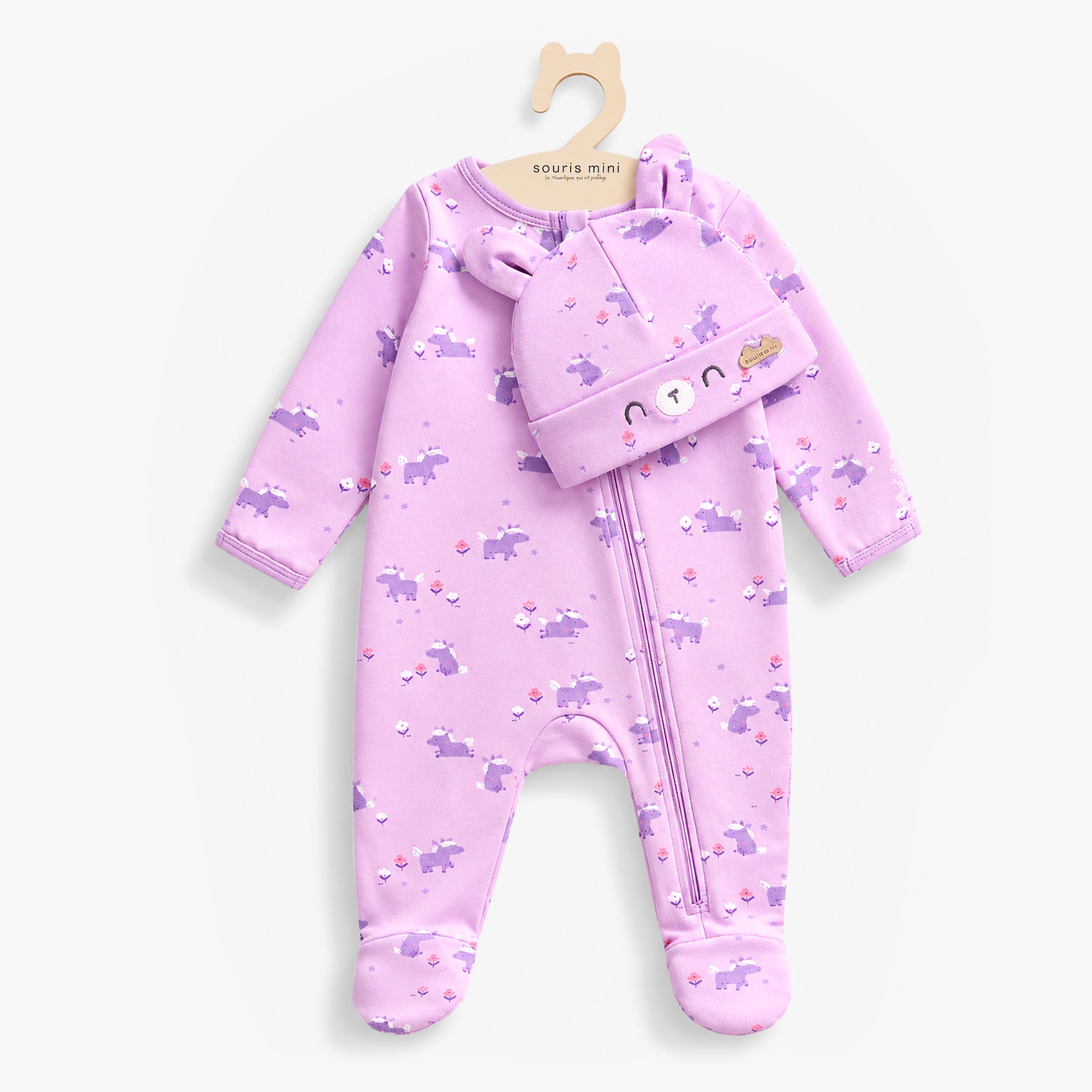Pyjama mauve à motifs de licornes avec bonnet, naissance - Souris Mini