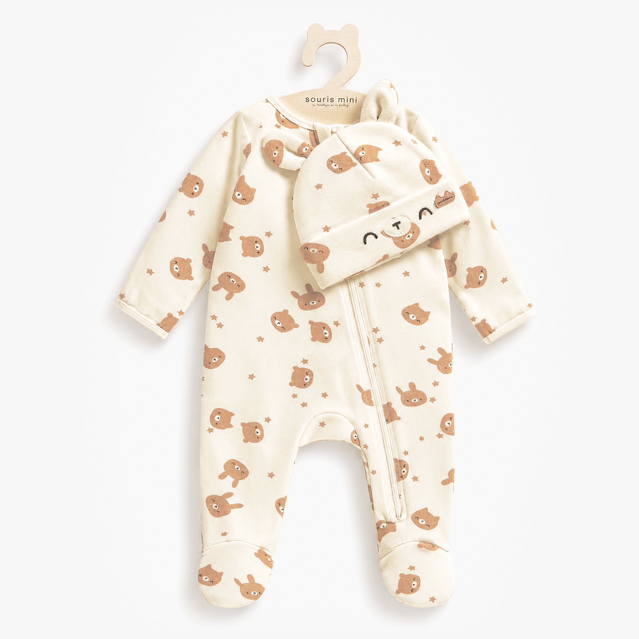 Pyjama à pieds crème à motifs de lapins avec bonnet, naissance