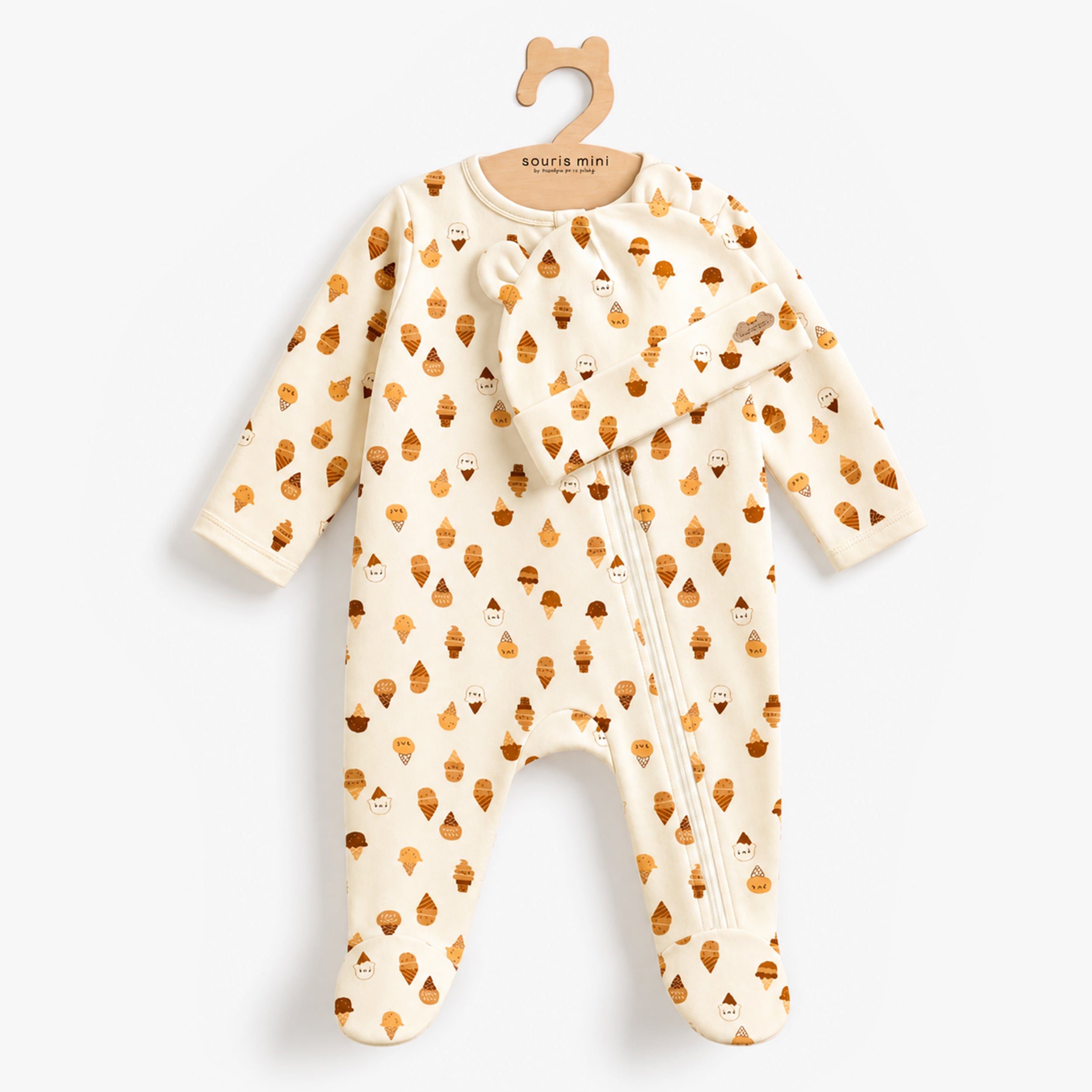 Pyjama à pieds écru pour bébé à motifs de crème glacée avec bonnet assorti