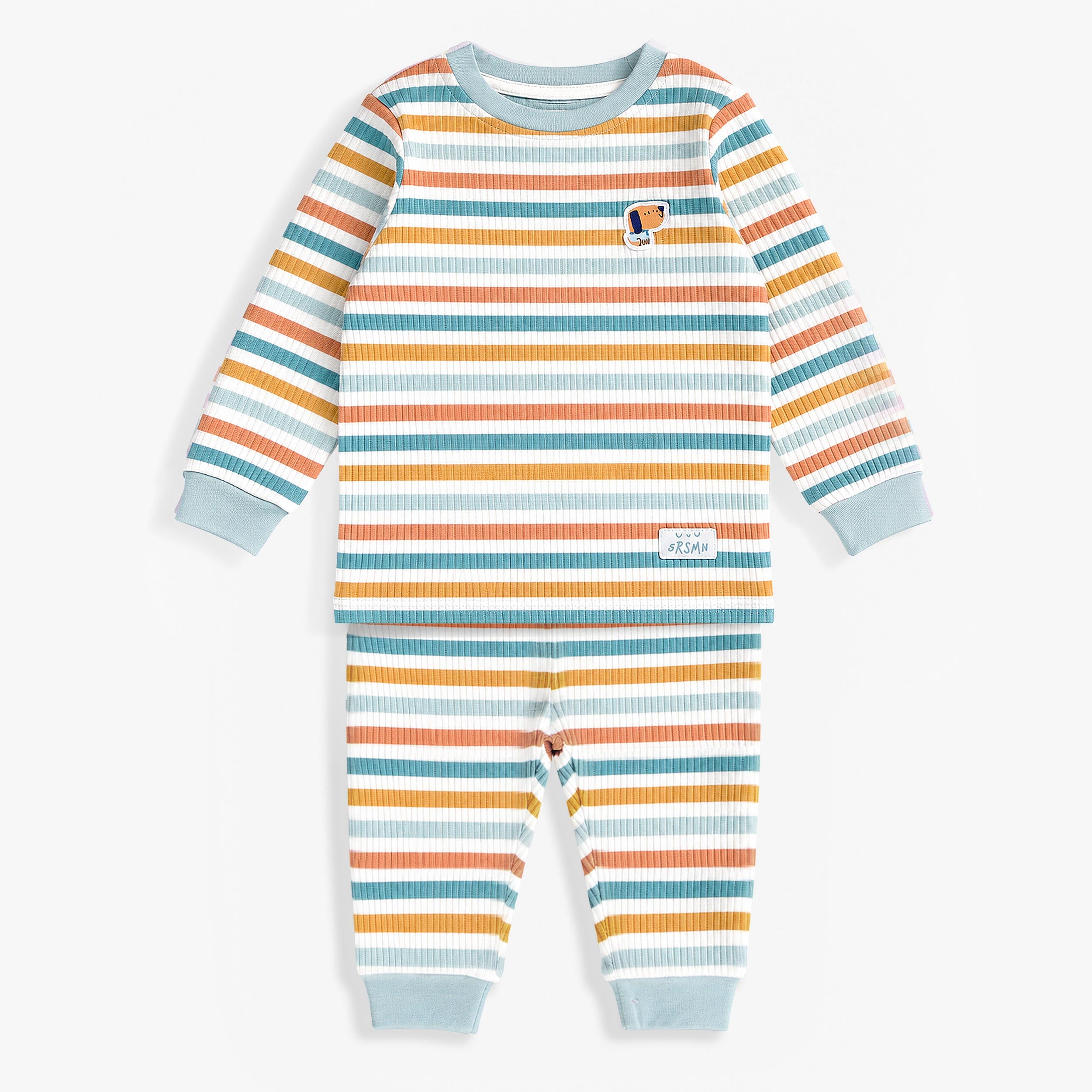 Ensemble de pyjama pour enfant a rayures bleu, orange et blanc avec manches longues et ecusson chien. - Souris Mini