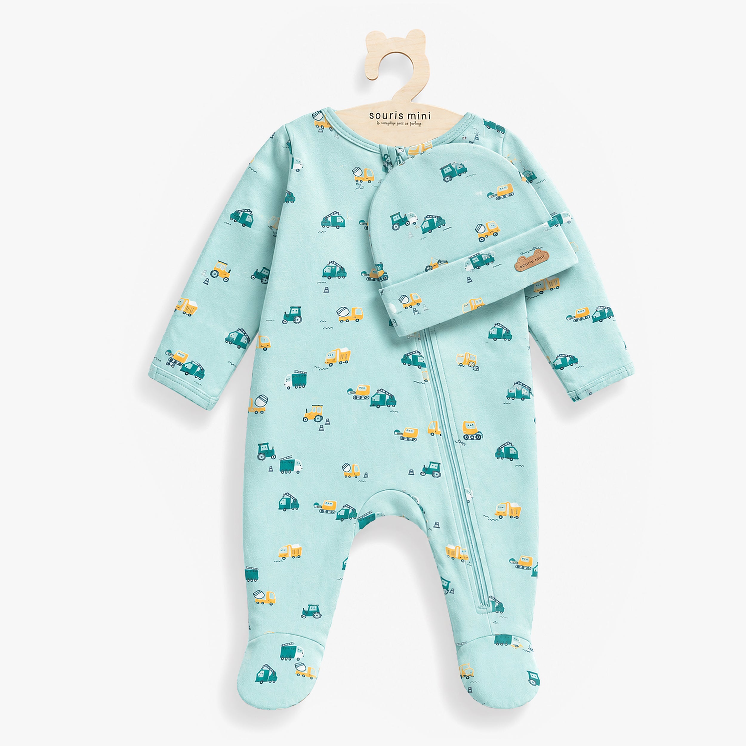 Pyjama turquoise à motifs de voitures avec bonnet, naissance - Souris Mini