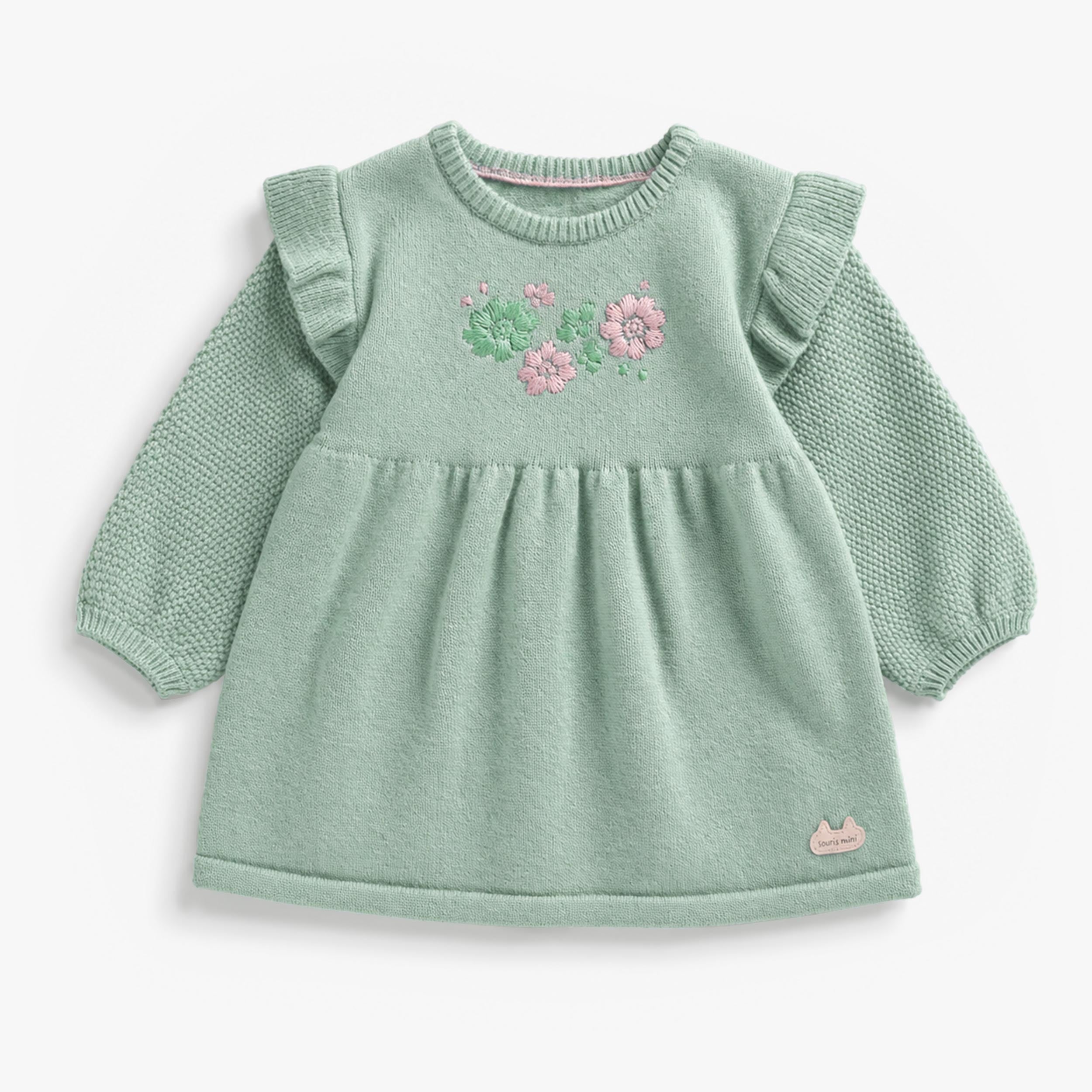 Robe vert sauge à motif floral en tricot, naissance - Souris Mini