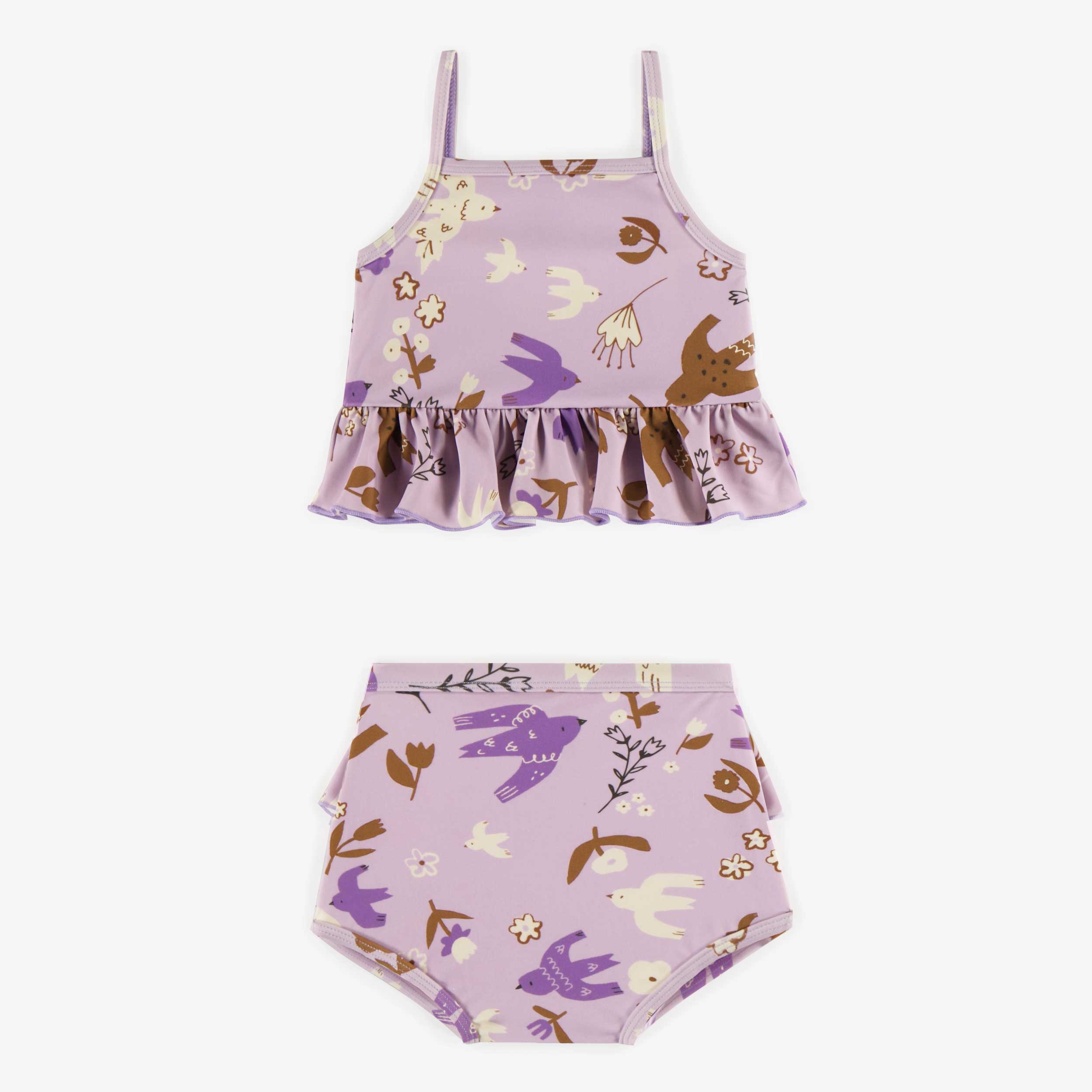 Purple two-pieces swimsuit with birds pattern, baby