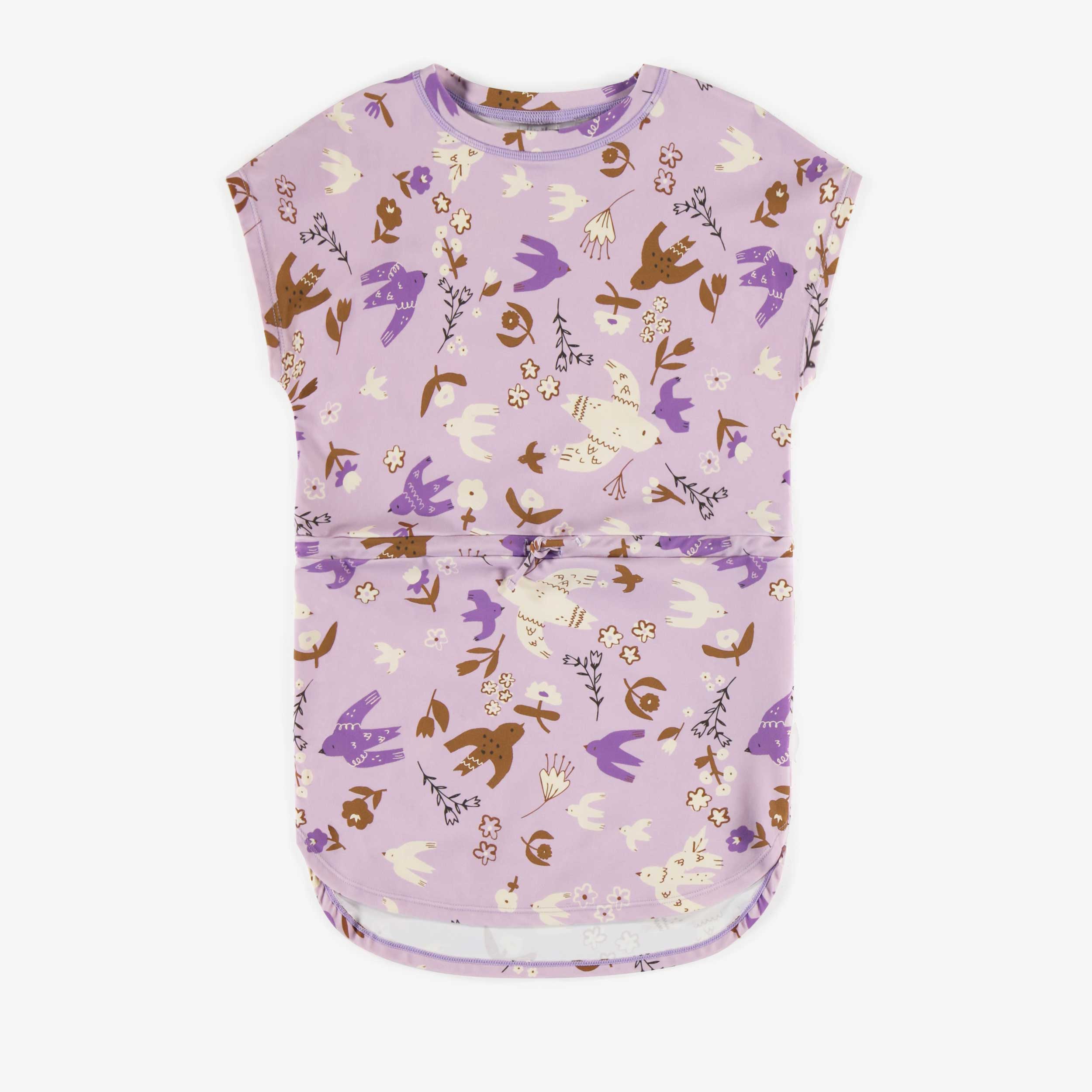 Purple bathing dress with birds pattern, child