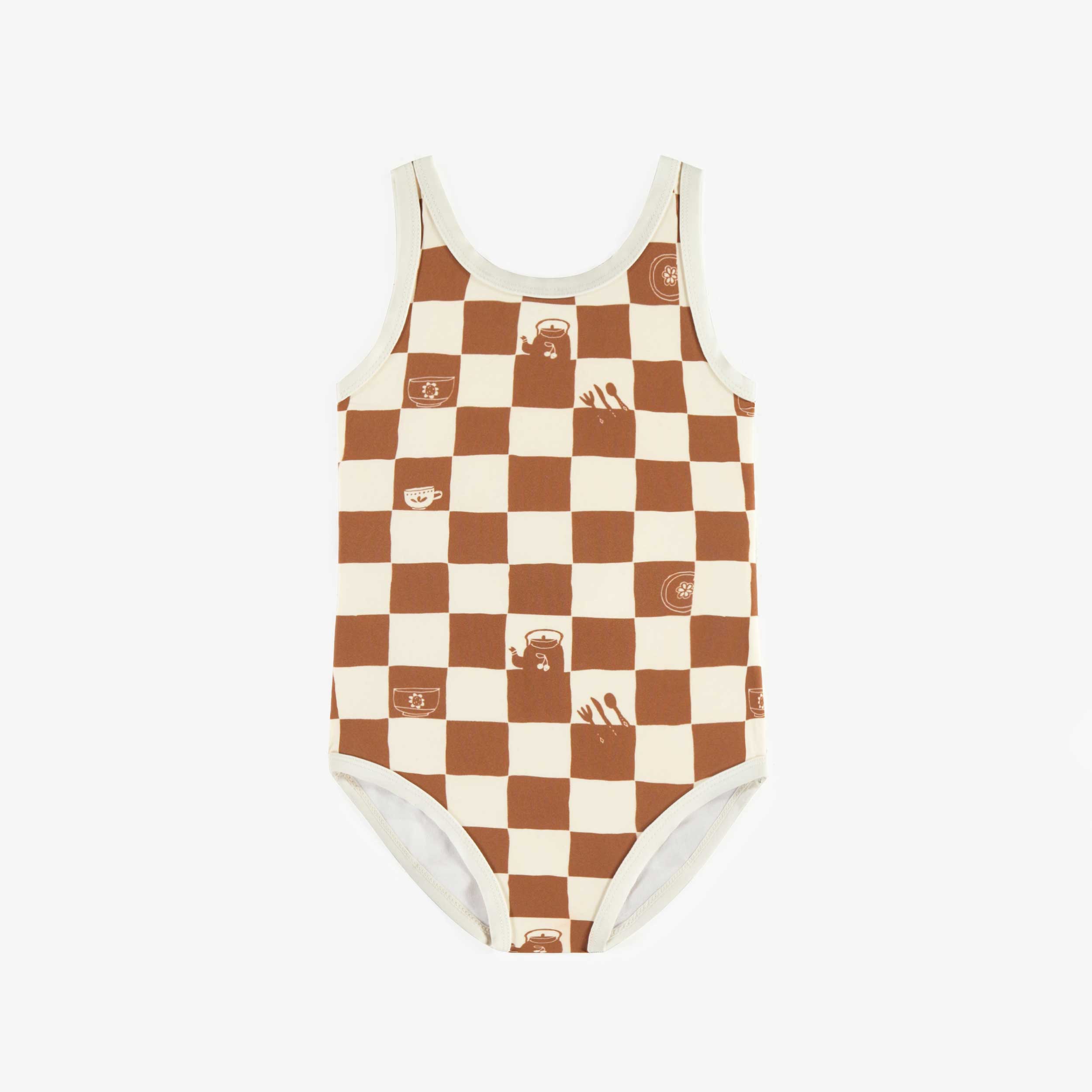 Maillot de bain une pièce crème et brun à carreaux, enfant