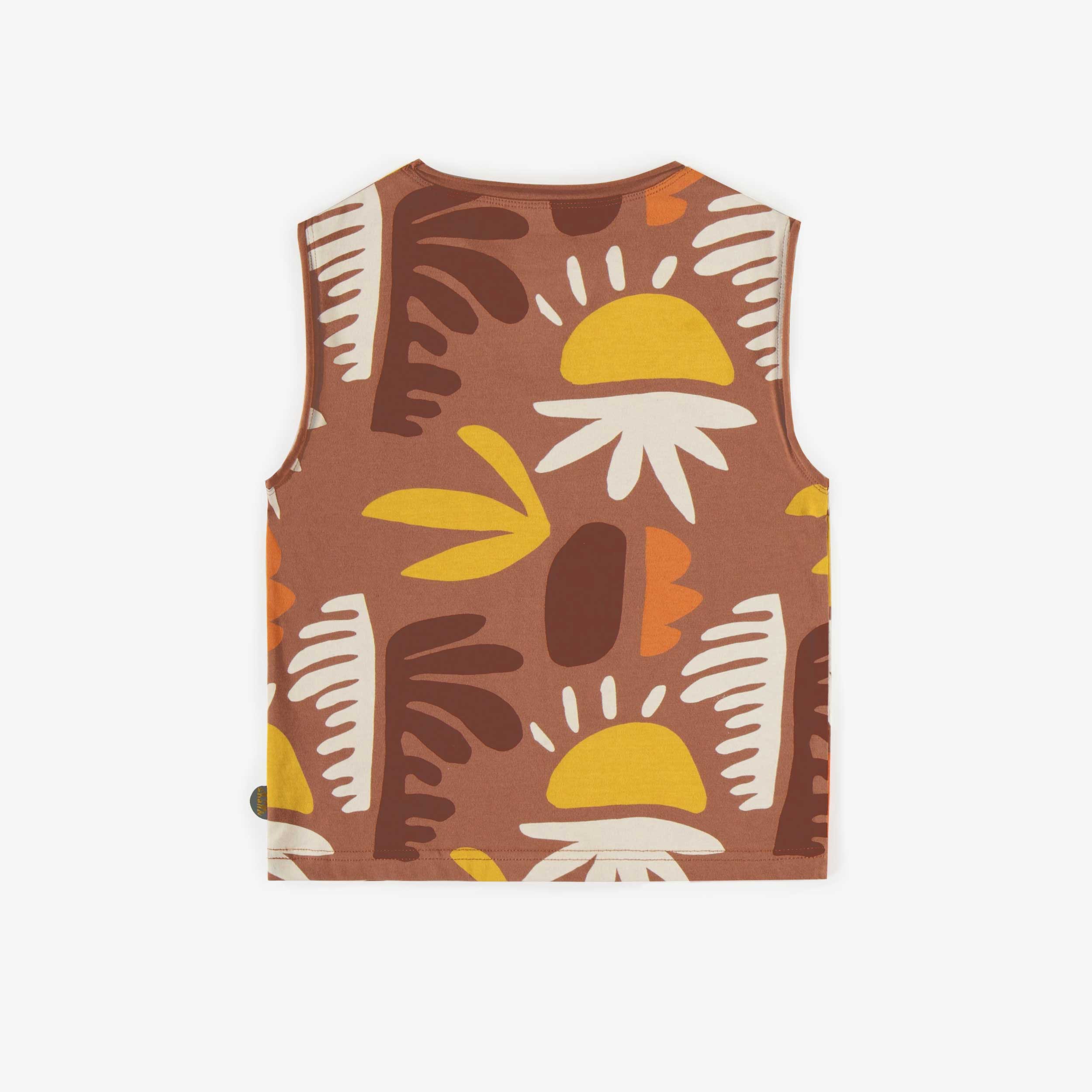 Dos du t-shirt brun sans manche avec feuille de couleurs en coton extensible, enfant