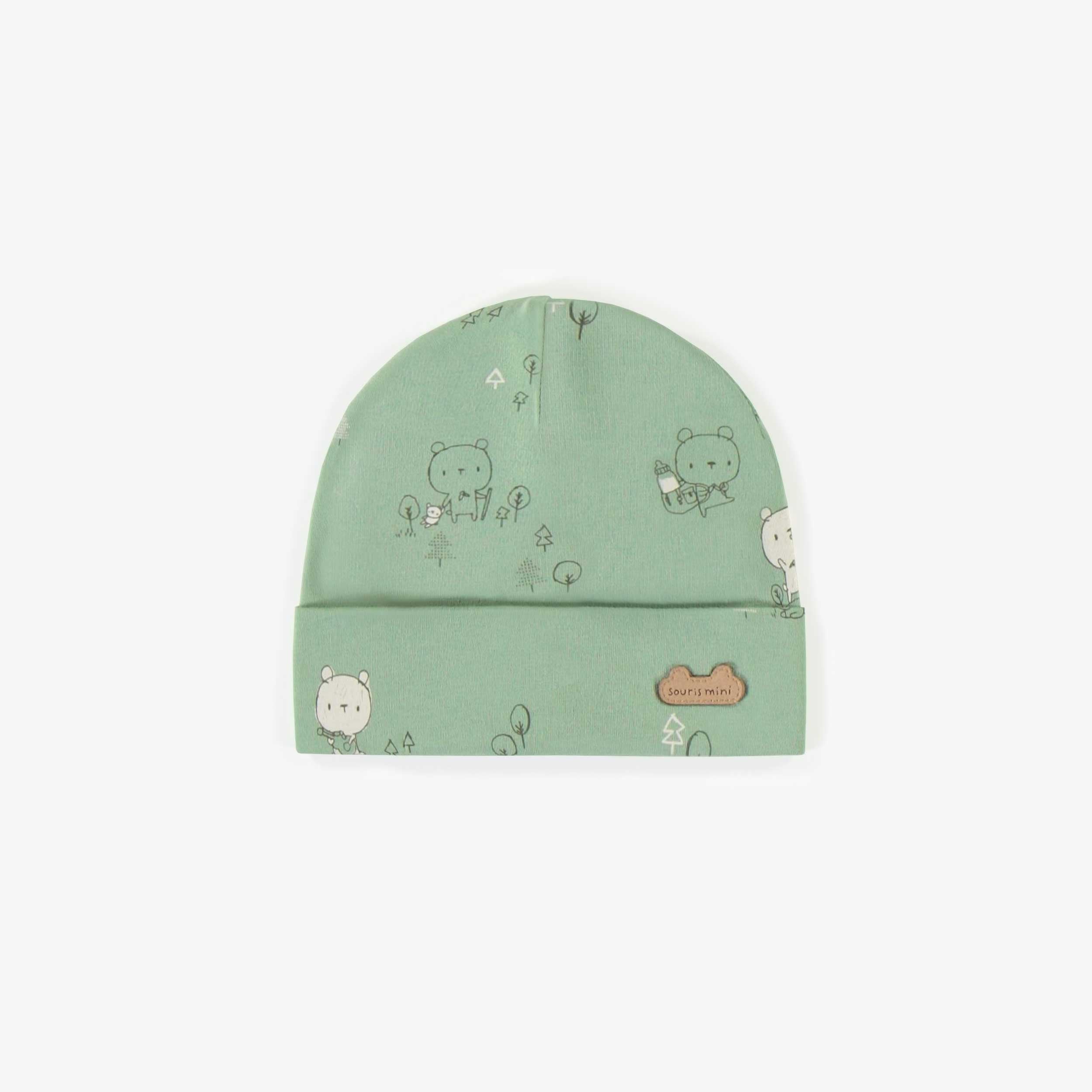 Bonnet vert à motifs en coton biologique, naissance