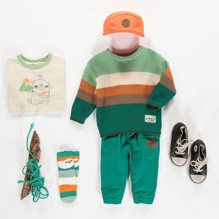 Chandail de maille côtelée manches longues vert, crème orange, bébé || Long sleeves rib knit sweater green, cream orange, baby