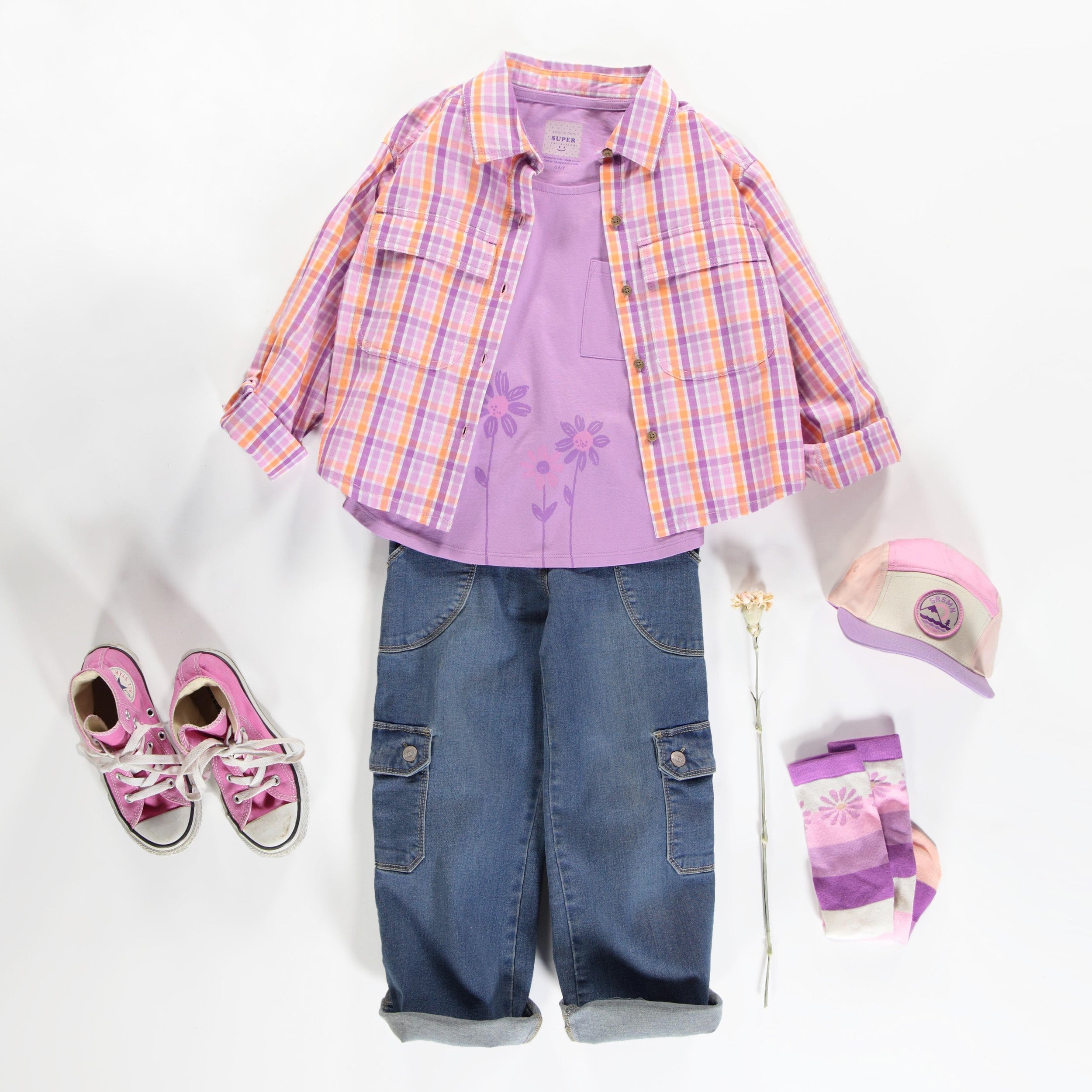 Look de la chemise mauve et pêche à carreaux en popeline de coton, enfant