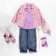 Chemise mauve et pêche à carreaux en popeline de coton, enfant || Cotton poplin purple and peach plaid shirt, child
