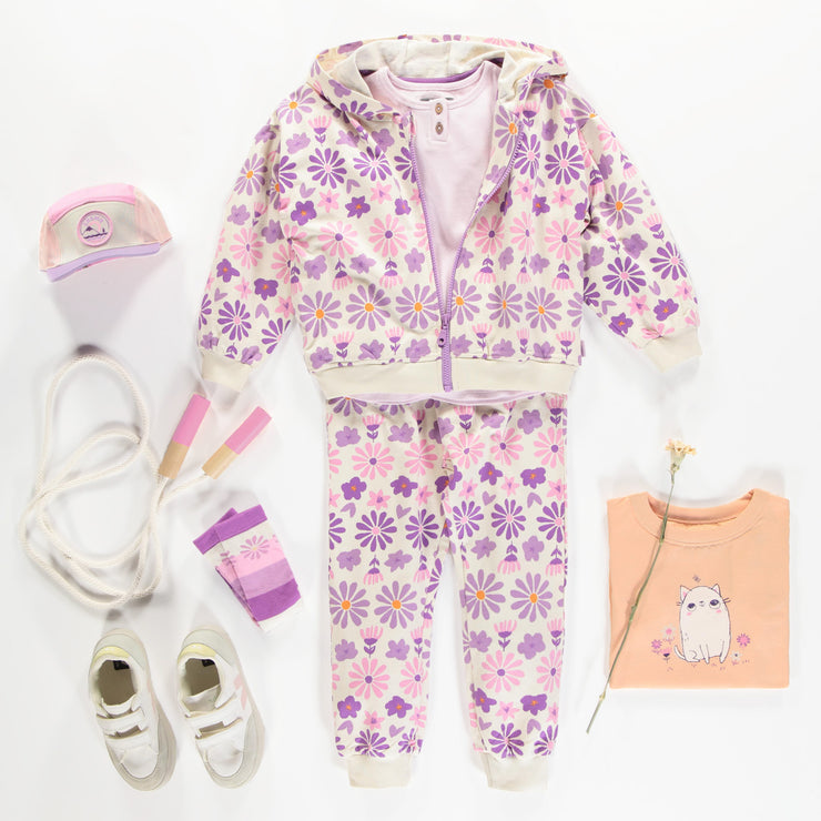 Pantalon crème fleuri mauve en coton français, enfant || Cream pants with purple floral print in French terry, child