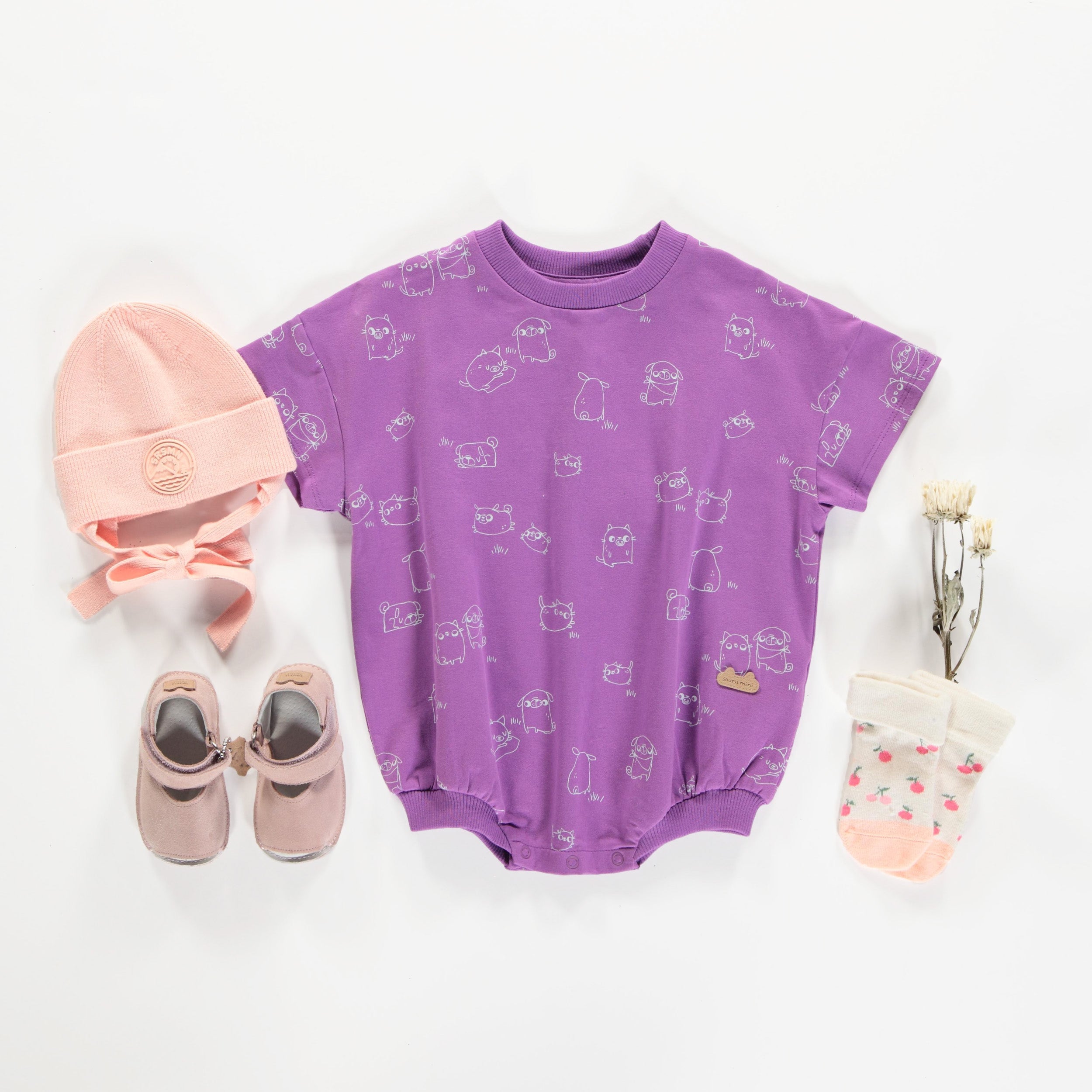 Purple one piece balloon shape with dog print in stretch jersey , newborn