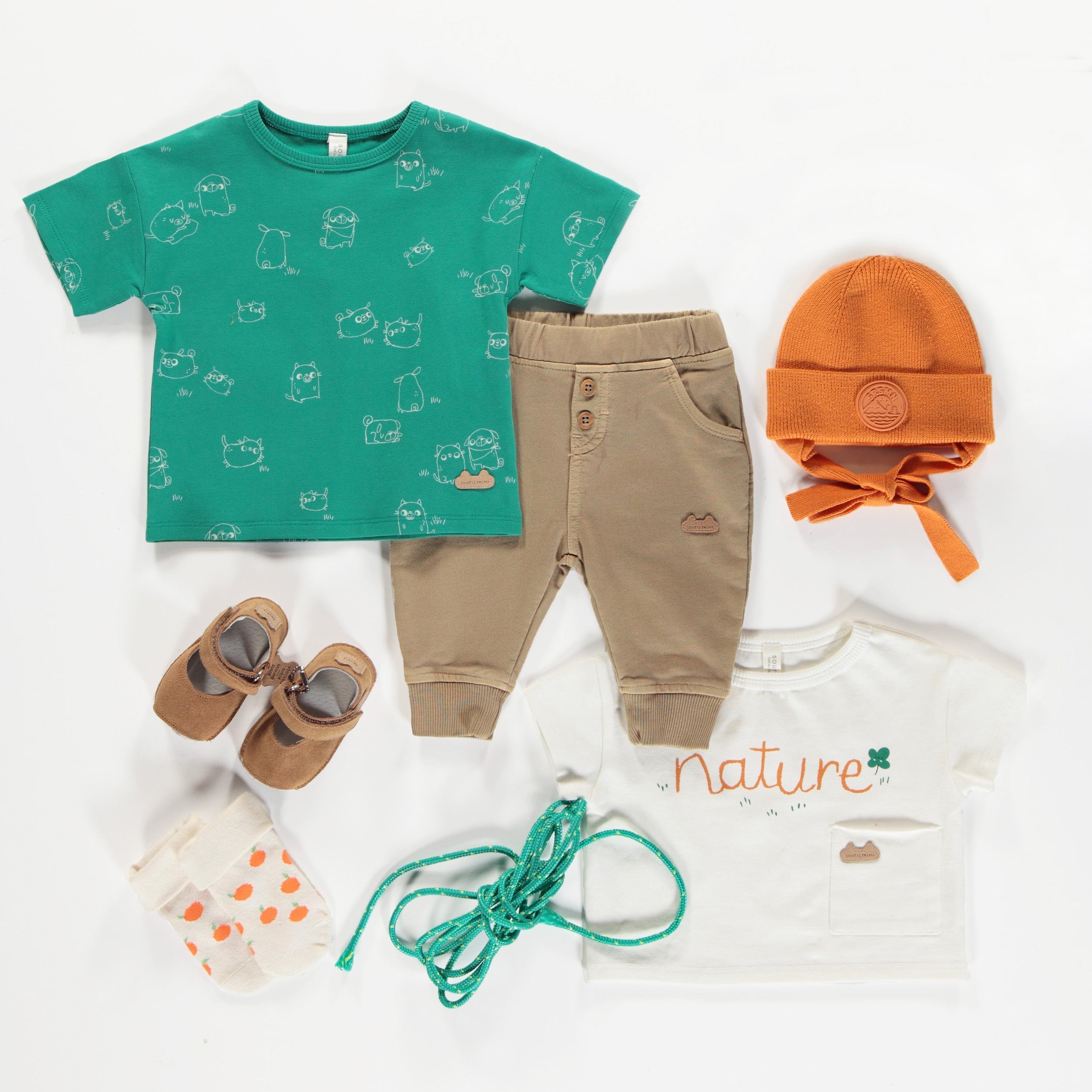Dark green short sleeves t-shirt with print in soft cotton, newborn